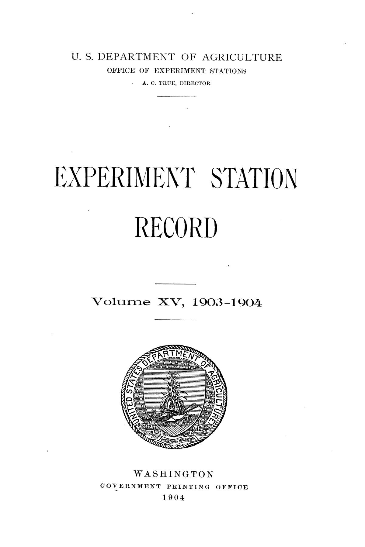 Experiment Station Record, Volume 15, 19031904 UNT Digital Library