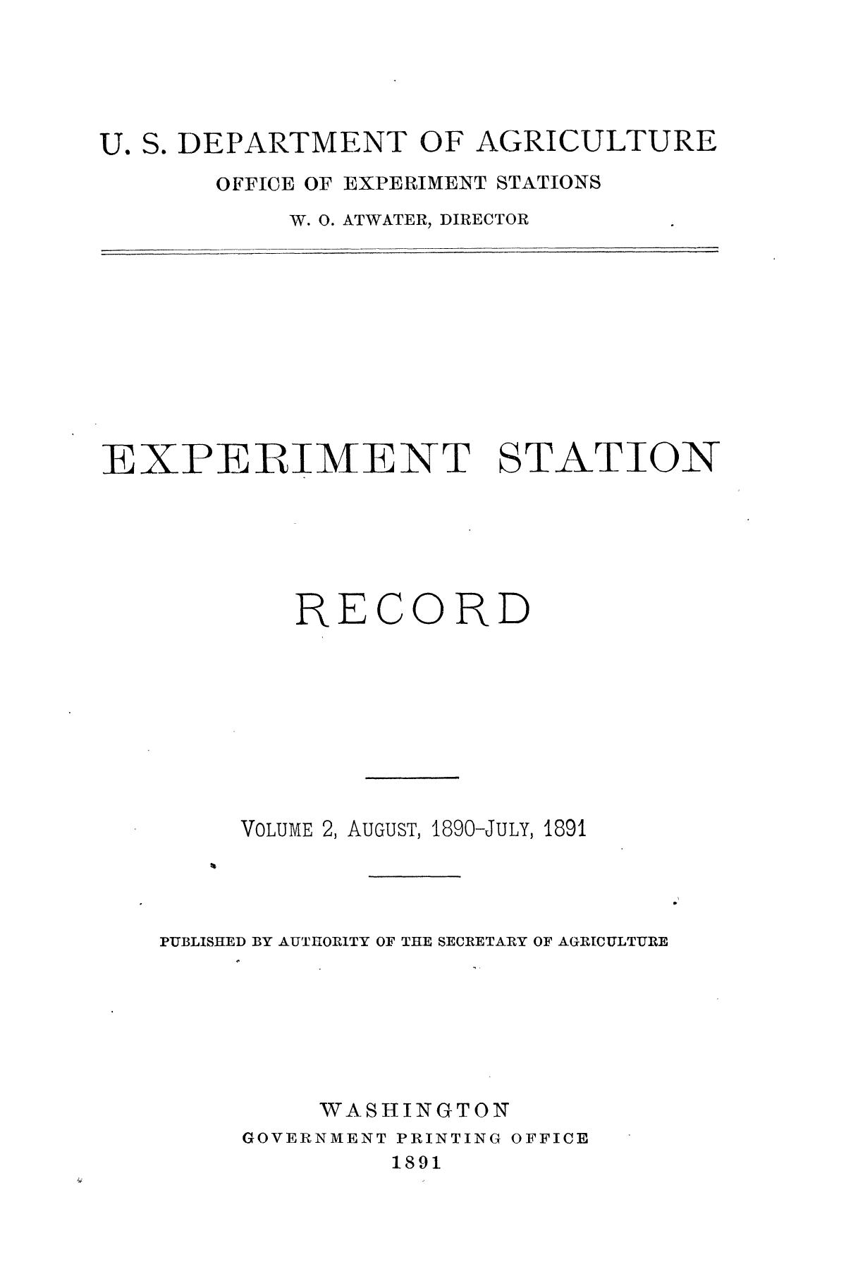 Experiment Station Record, Volume 2, August 1890July 1891 UNT