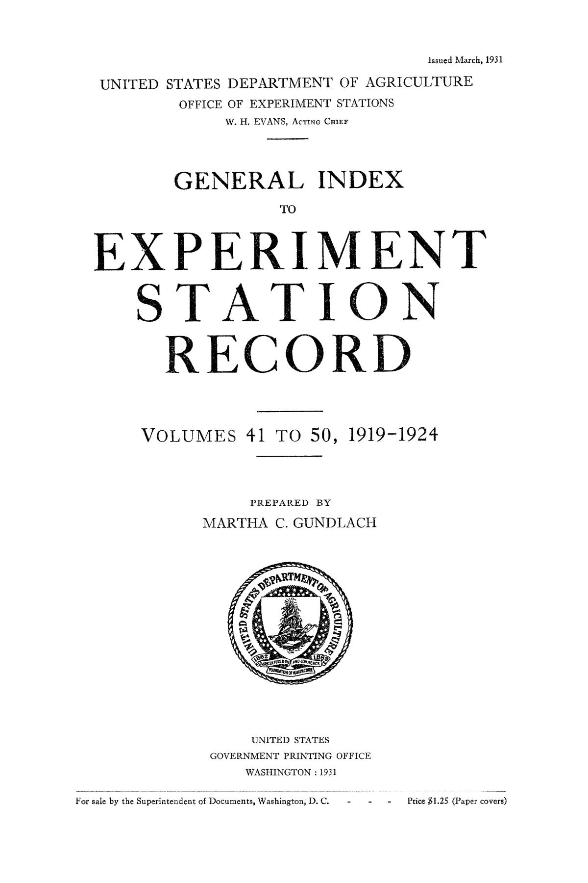 General Index to Experiment Station Record, Volumes 41 to 50, 19191924