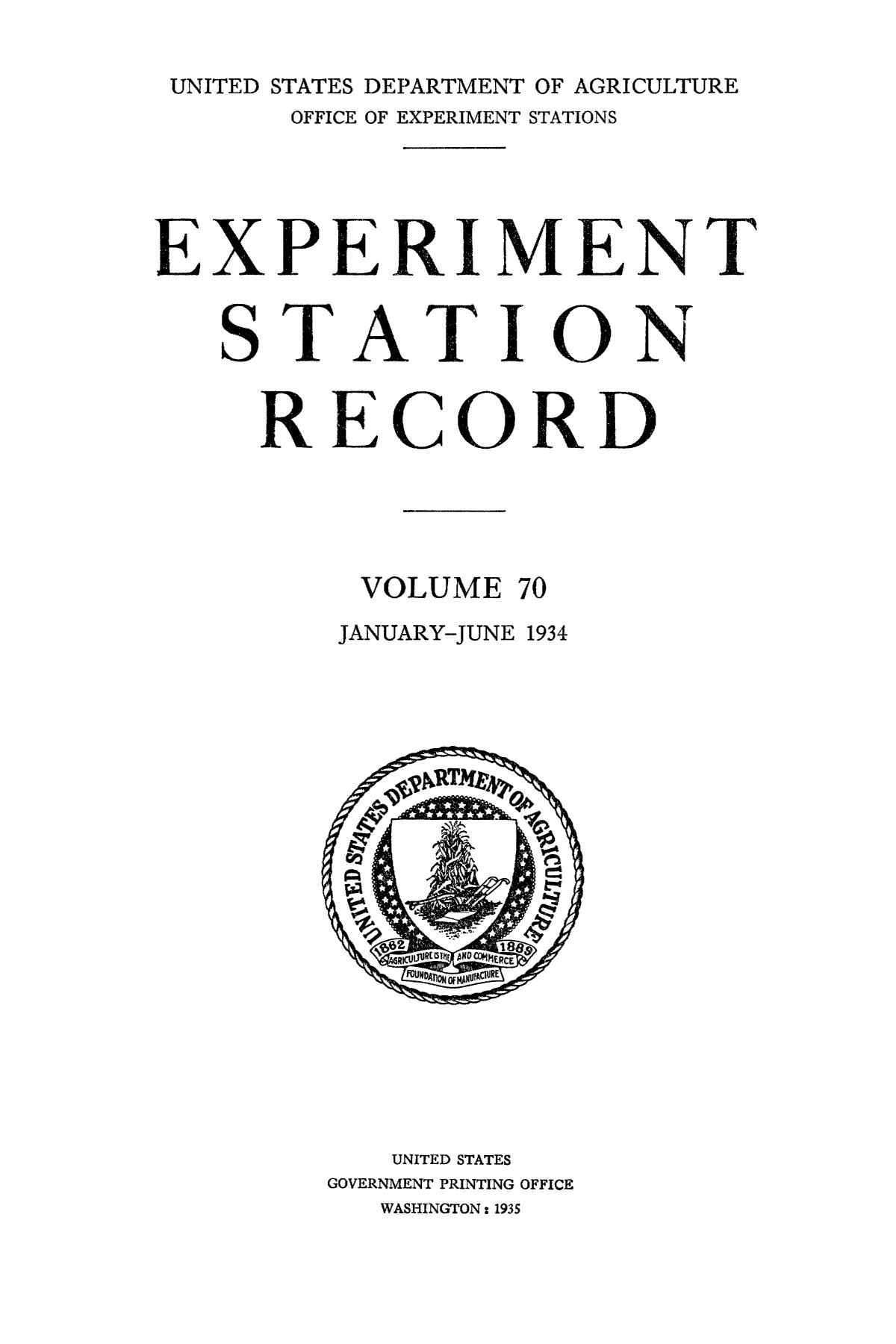 Experiment Station Record, Volume 70, JanuaryJune 1934 UNT Digital