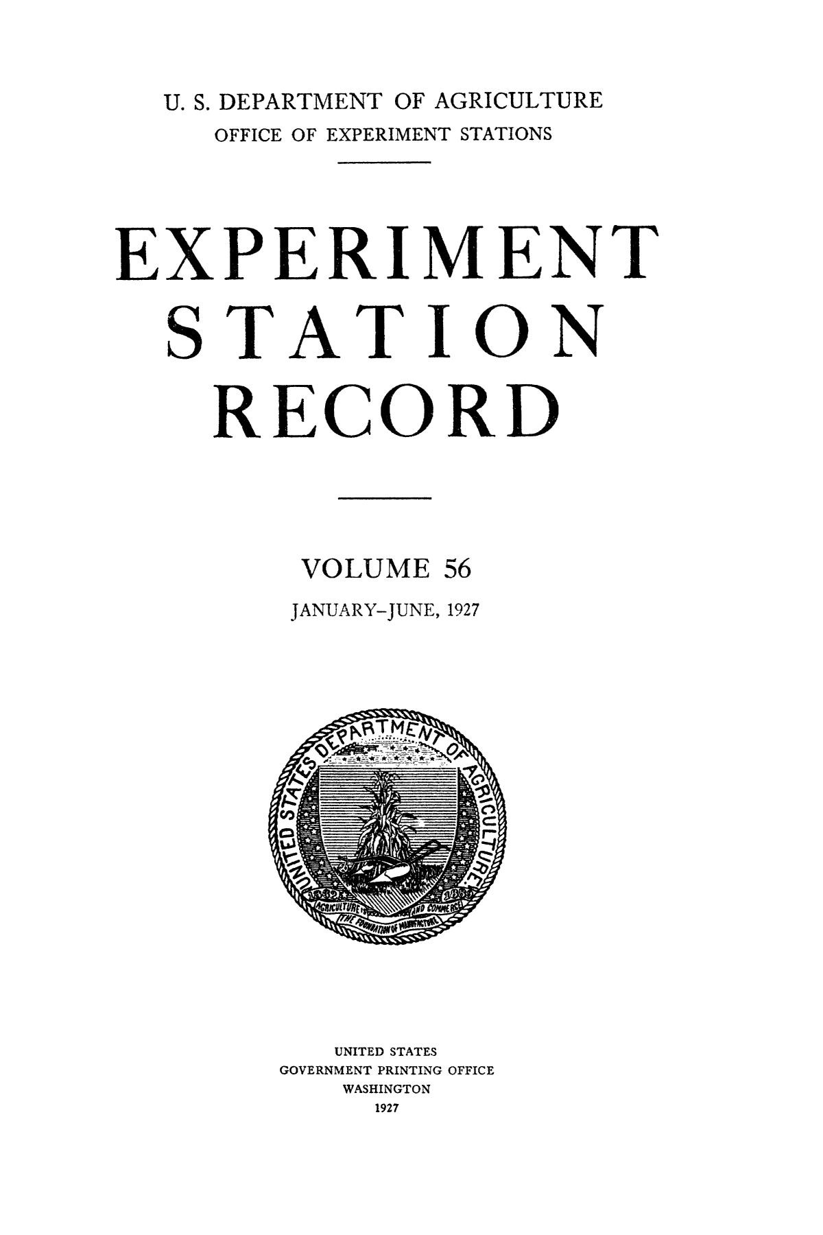 Experiment Station Record, Volume 56, JanuaryJune, 1927 UNT Digital