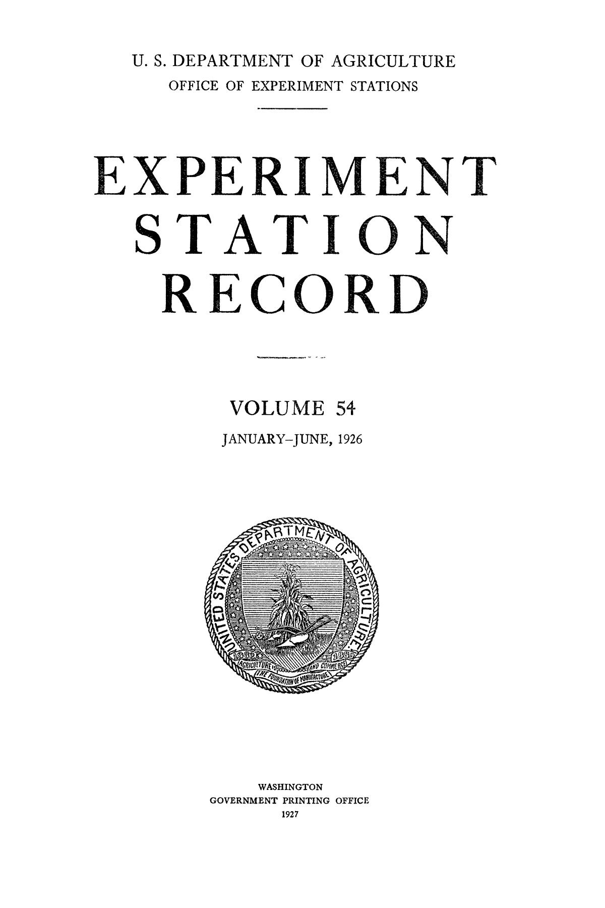 Experiment Station Record, Volume 54, JanuaryJune, 1926 UNT Digital