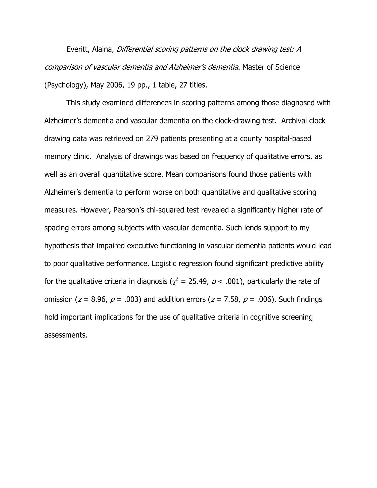 Differential Scoring Patterns on the Clock Drawing Test a Comparison