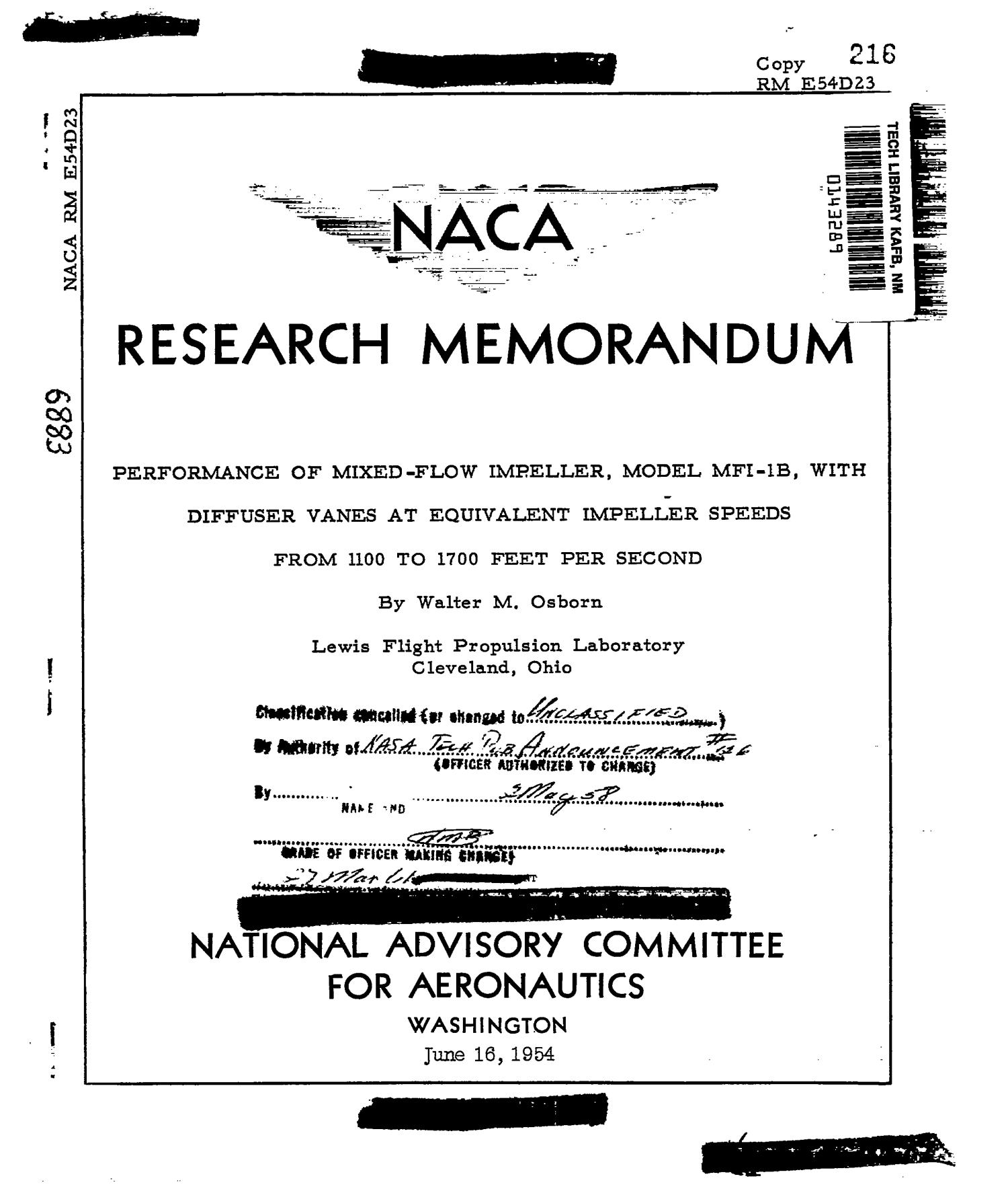 Performance of mixedflow impeller, model MFI1B, with diffuser vanes