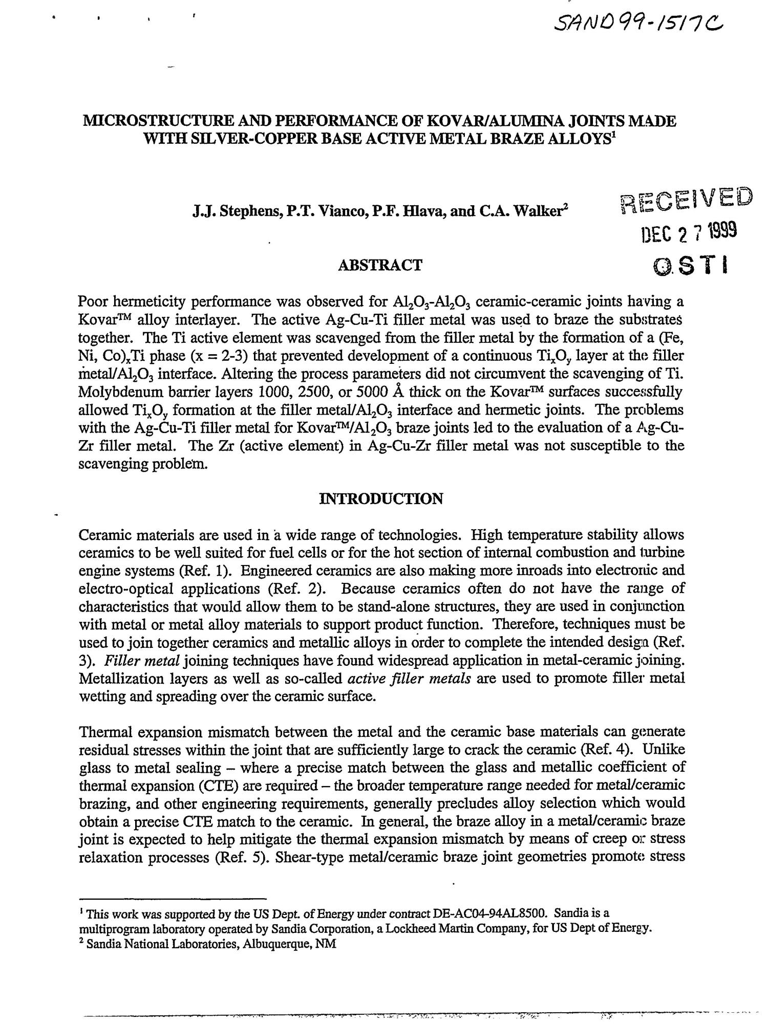 Microstructure and Performance of Kovar/Alumina Joints Made with Silver