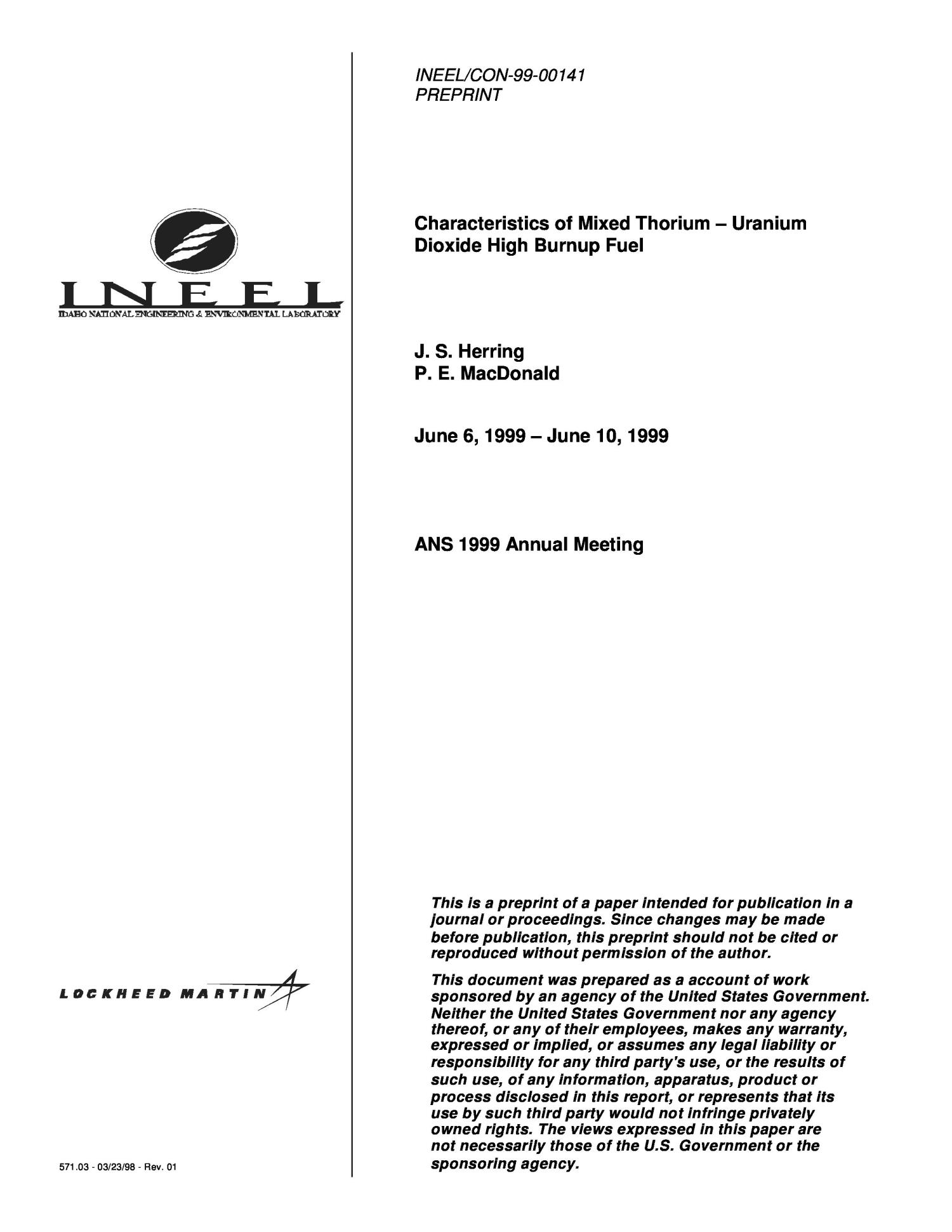 Characteristics of a Mixed ThoriumUranium Dioxide HighBurnup Fuel UNT Digital Library