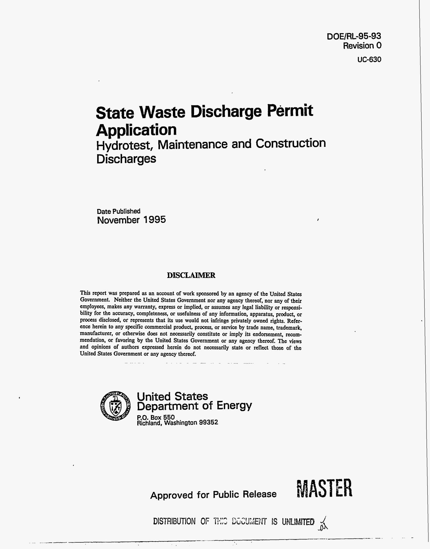 State waste discharge permit application Hydrotest, maintenance and