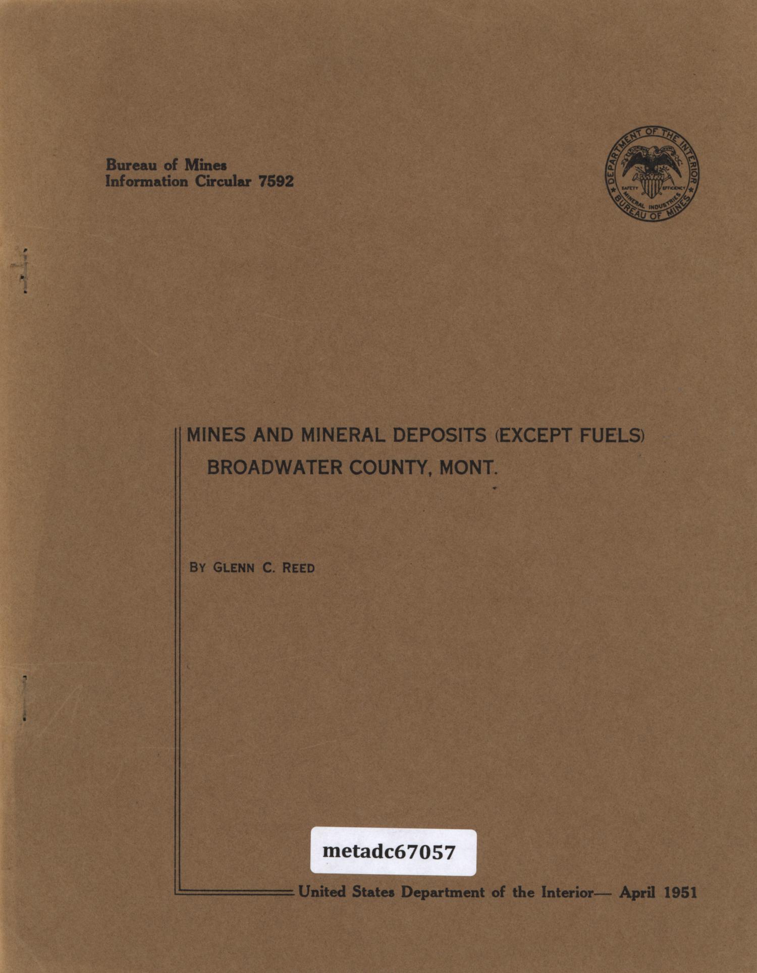 Mines and Mineral Deposits (Except Fuels) Broadwater County, Montana