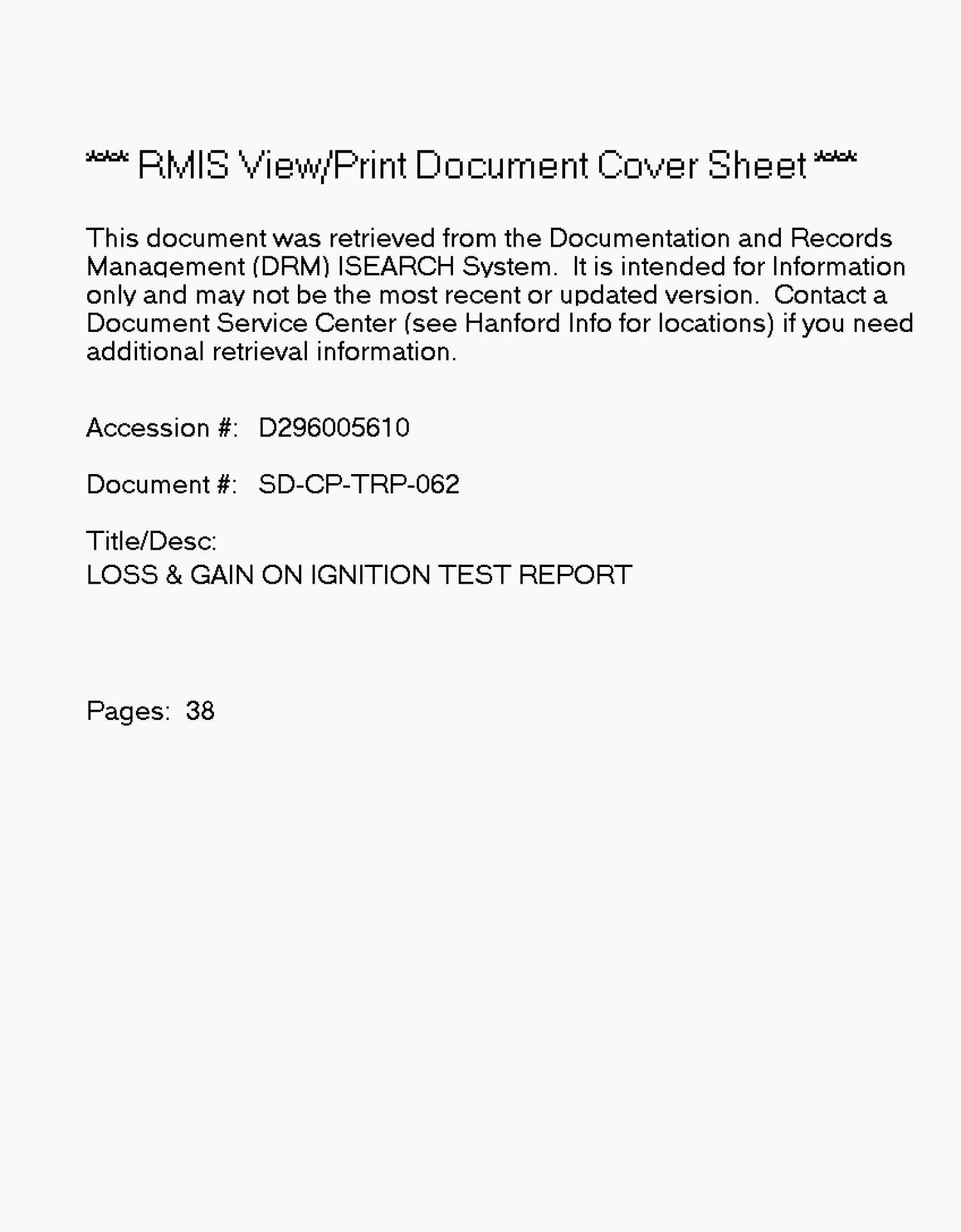 Loss/gain on ignition test report UNT Digital Library