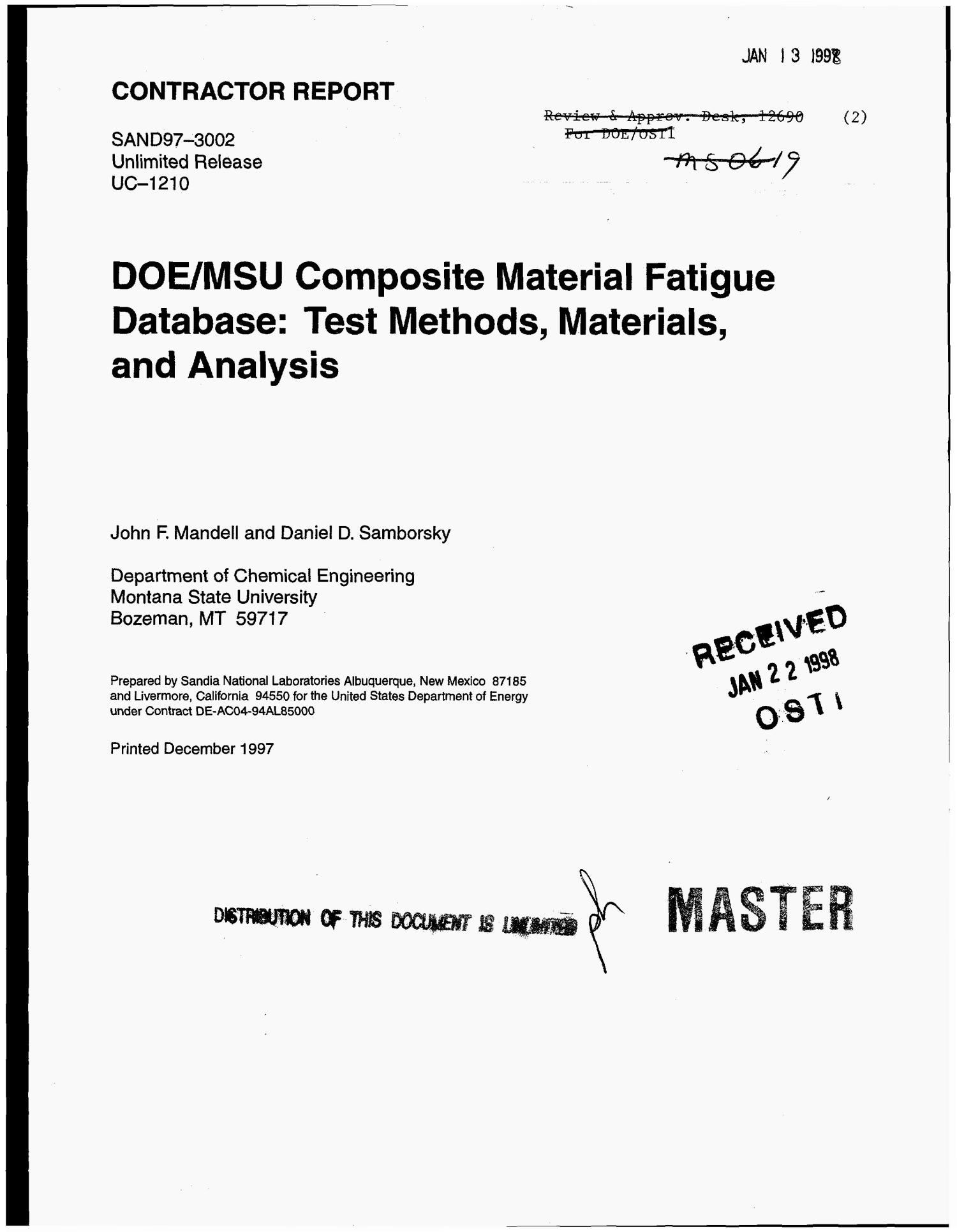 DOE/MSU composite material fatigue database Test methods, materials