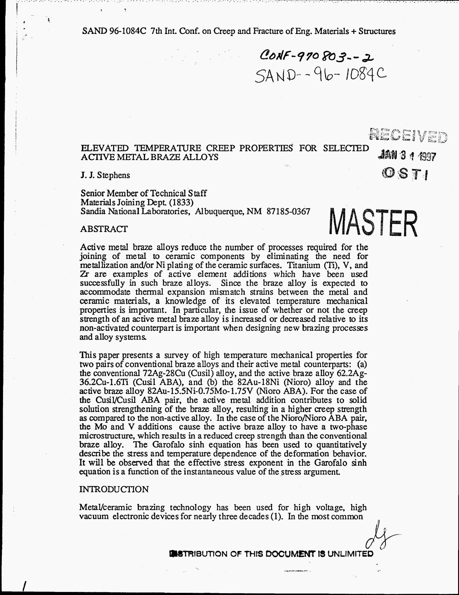 Elevated temperature creep properties for selected active metal braze