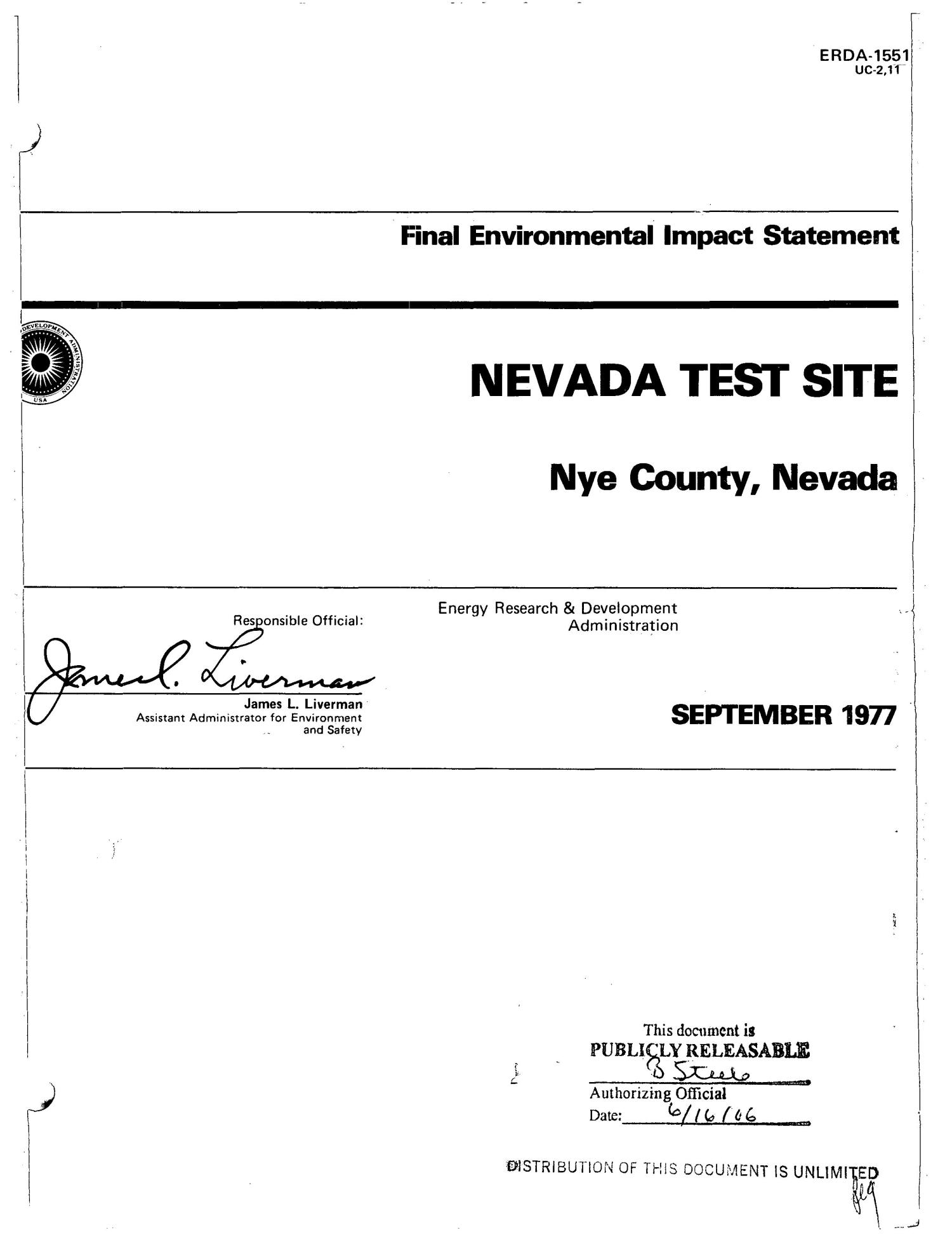 Nevada Test Site, Nye County, Nevada. Final environmental impact