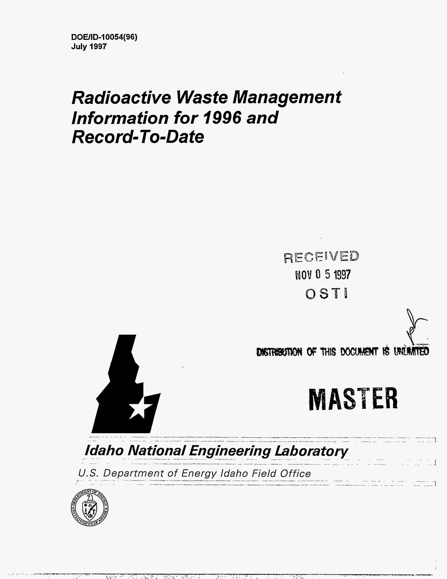 Radioactive waste management information for 1996 and recordtodate