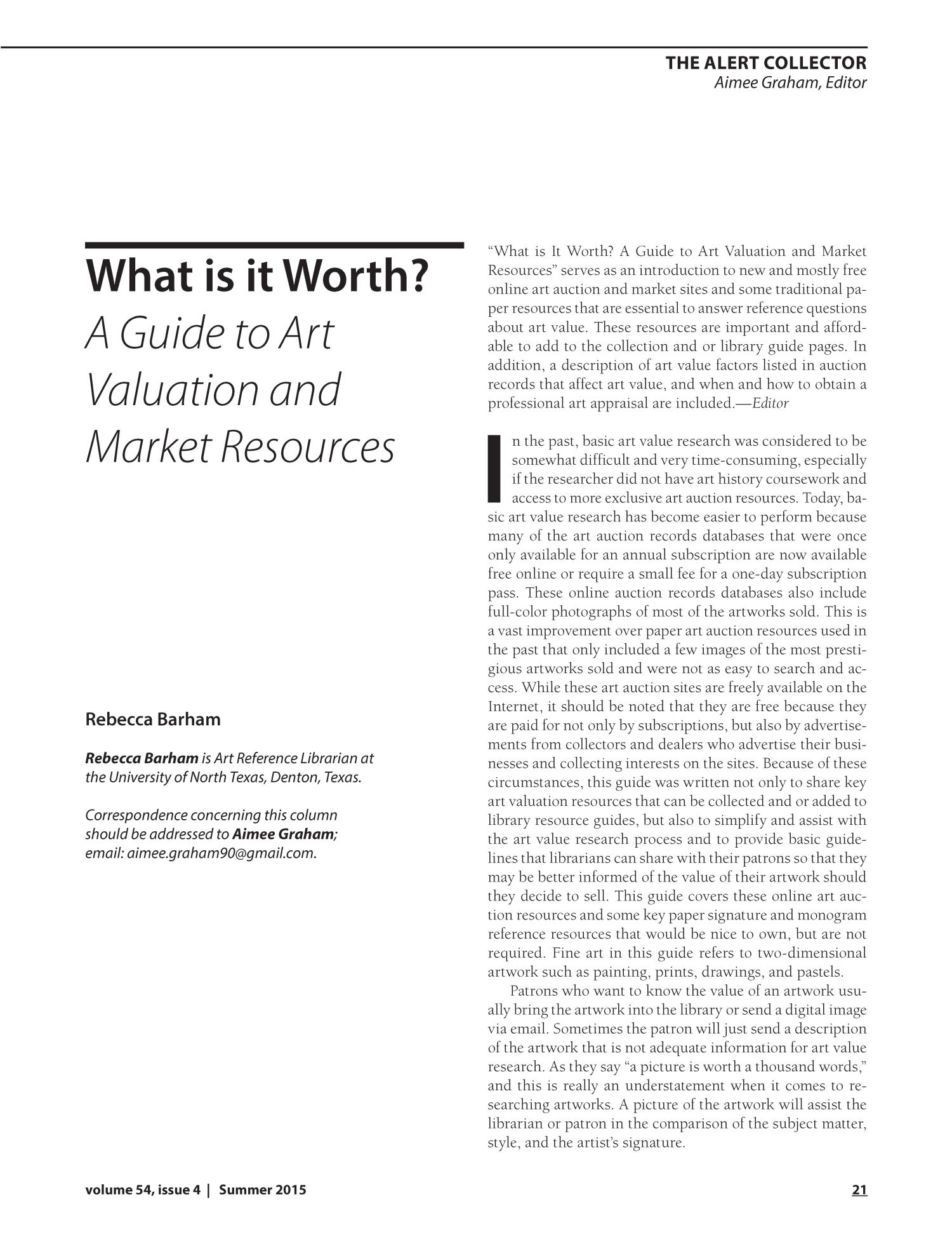 What is it Worth? A Guide to Art Valuation and Market Resources UNT
