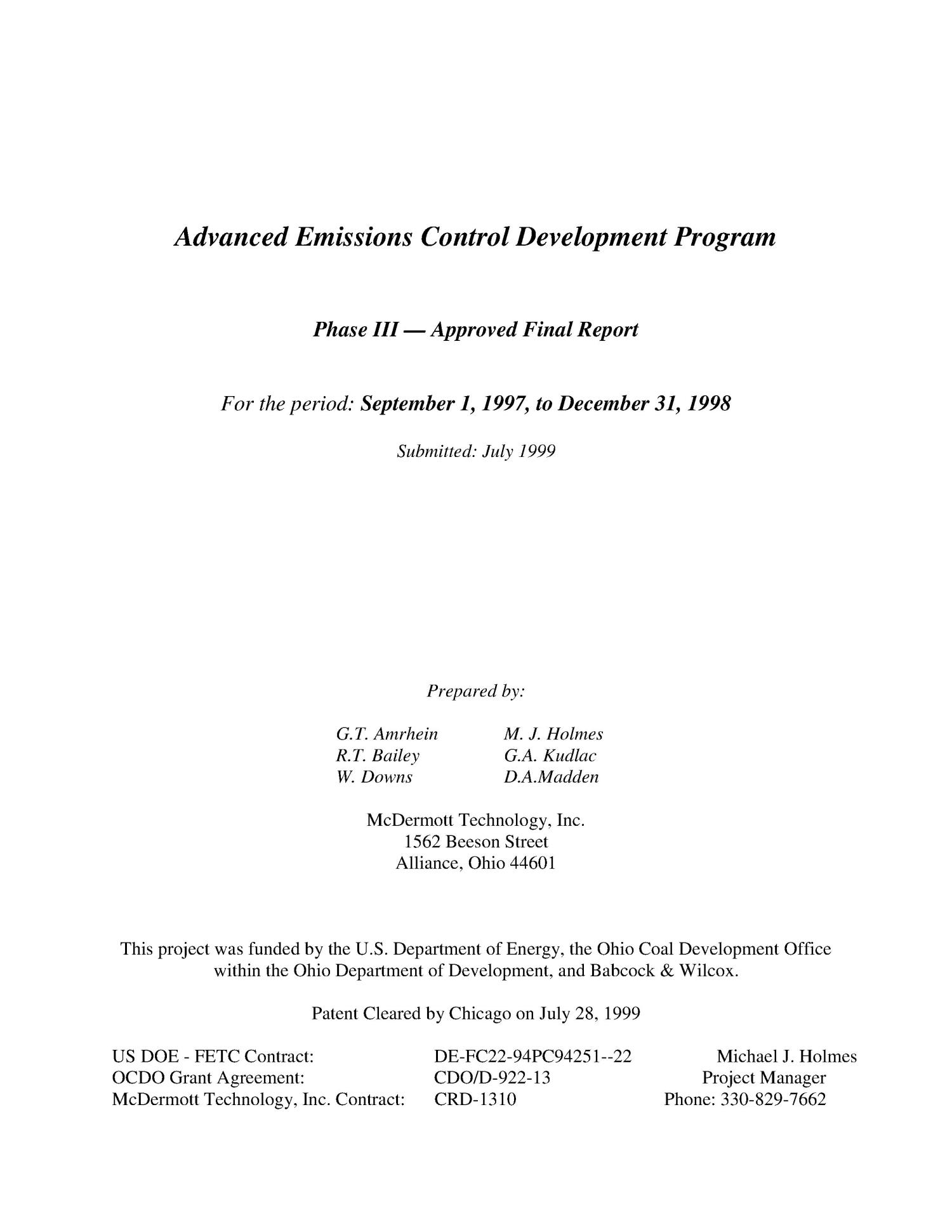 Advanced Emissions Control Development Program Phase III UNT Digital