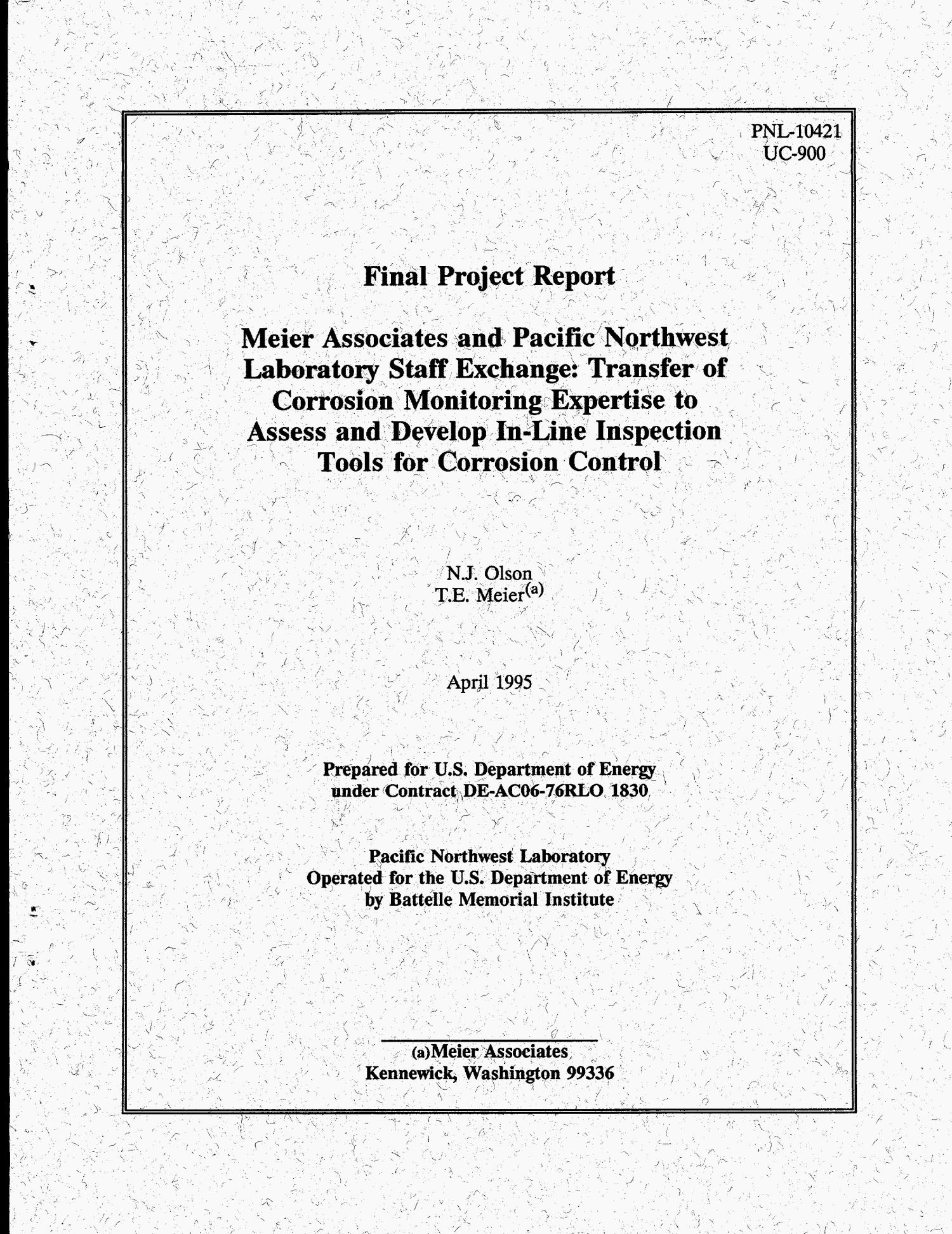 Meier associates and Pacific Northwest Laboratory staff exchange Transfer of corrosion