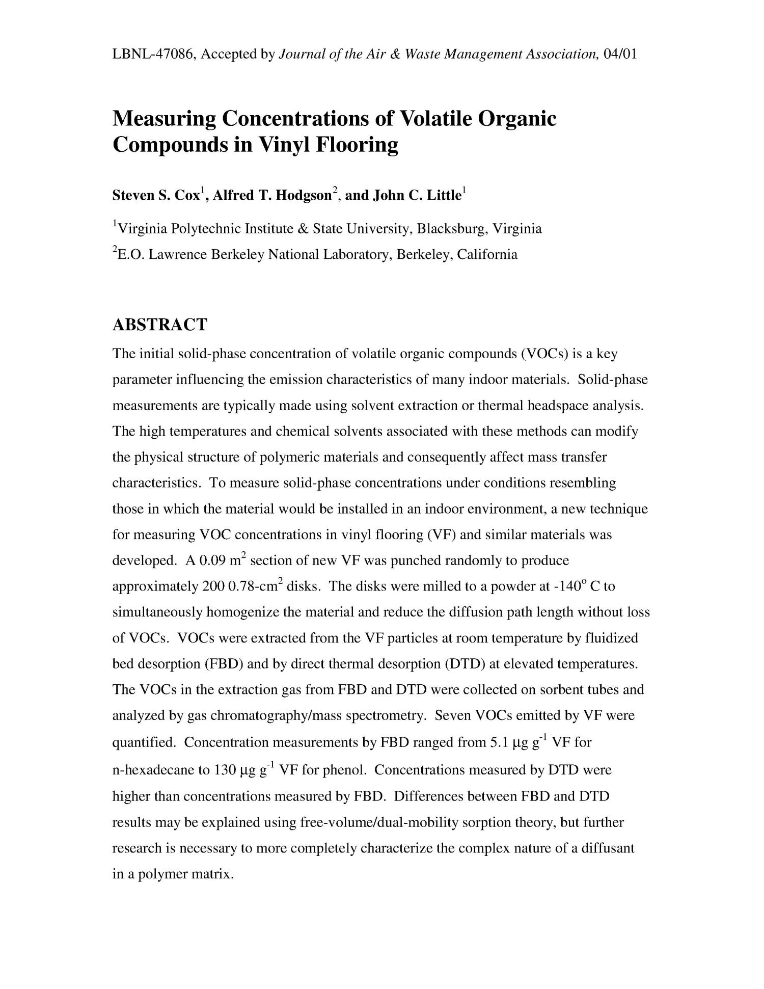 Measuring Concentrations of Volatile Organic Compounds in Vinyl