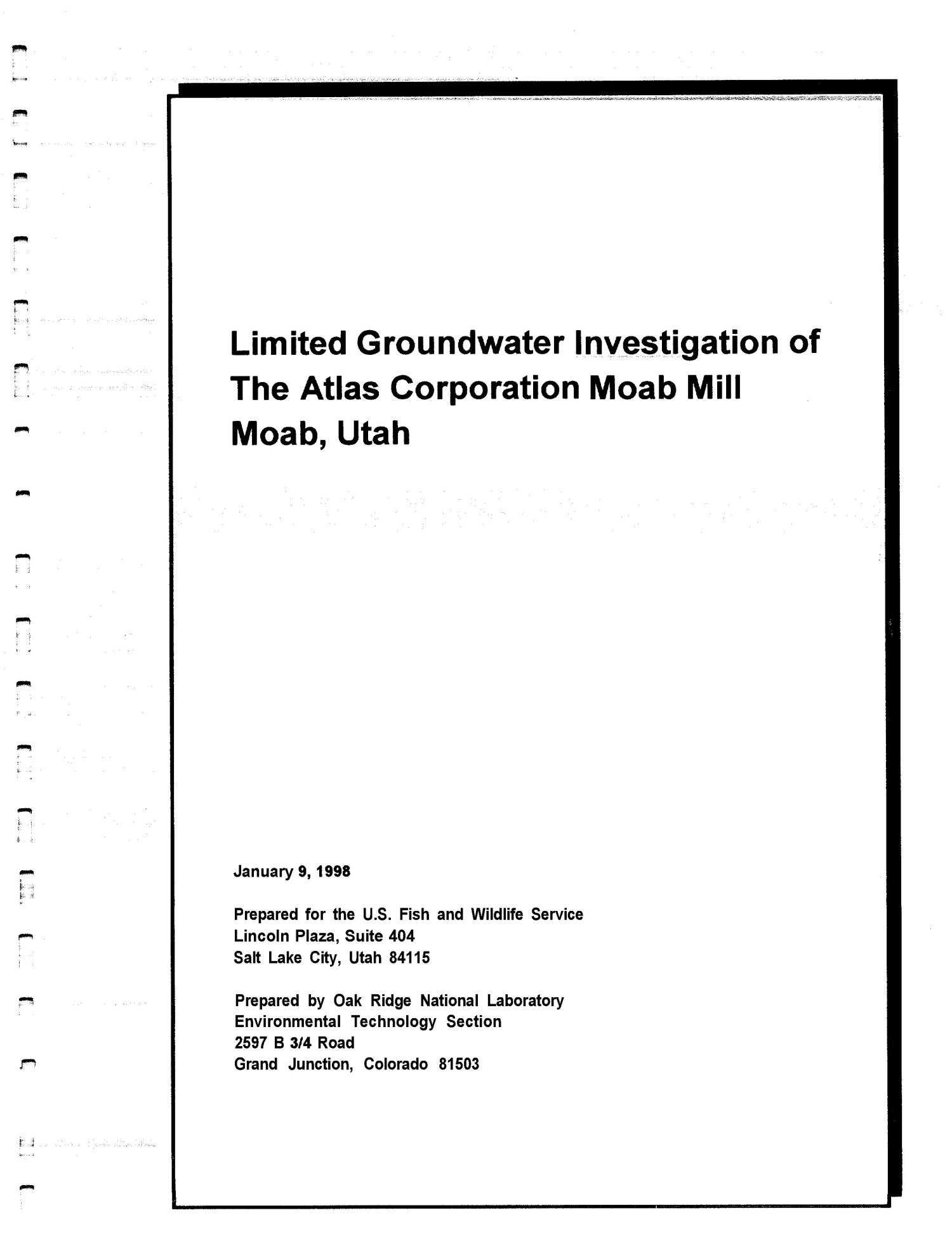 Limited Groundwater Investigation of The Atlas Corporation Moab Mill, Moab, Utah UNT Digital