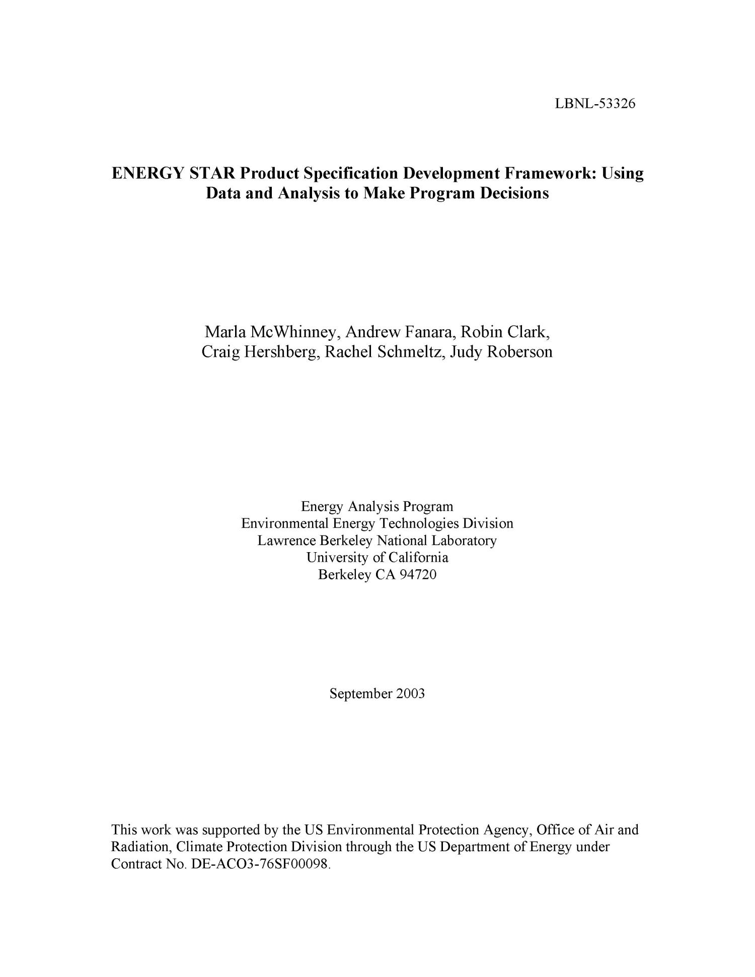 Energy star product specification development framework Using data and