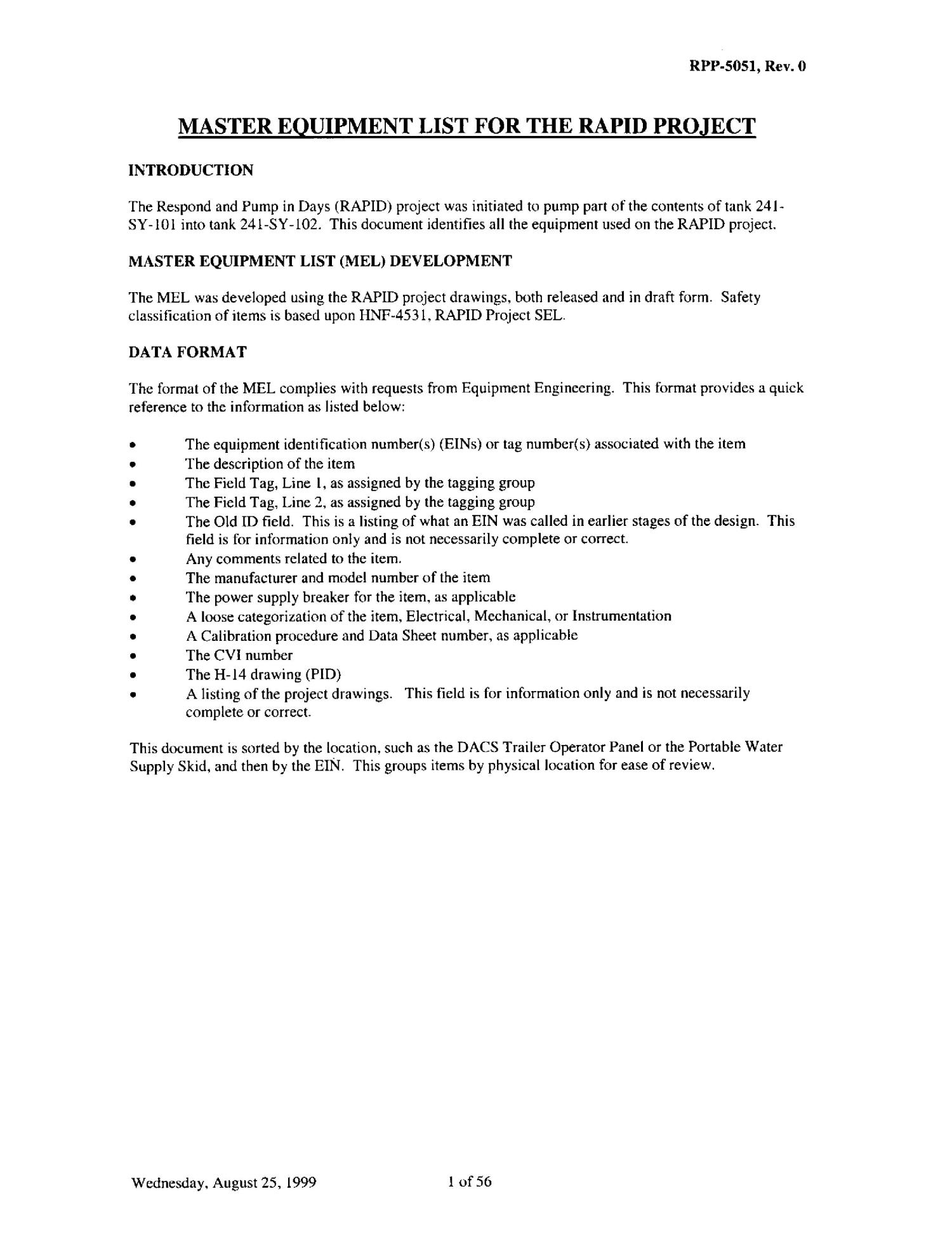 Master Equipment List for the RAPID Project Page 3 of 58 UNT