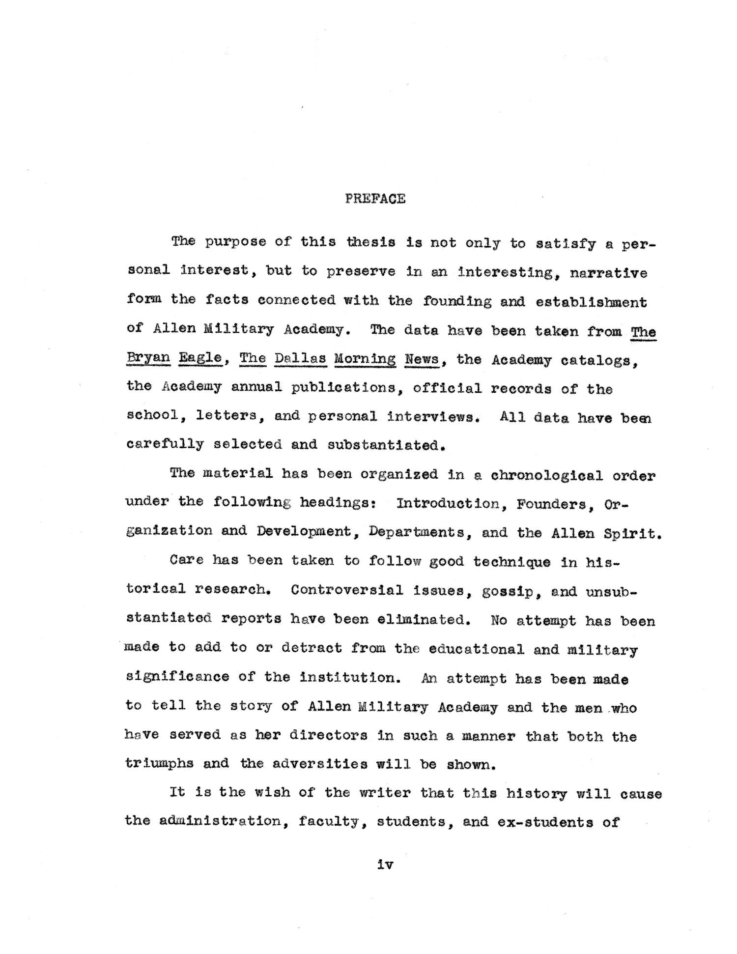 A History of the Allen Military Academy Page IV UNT Digital Library