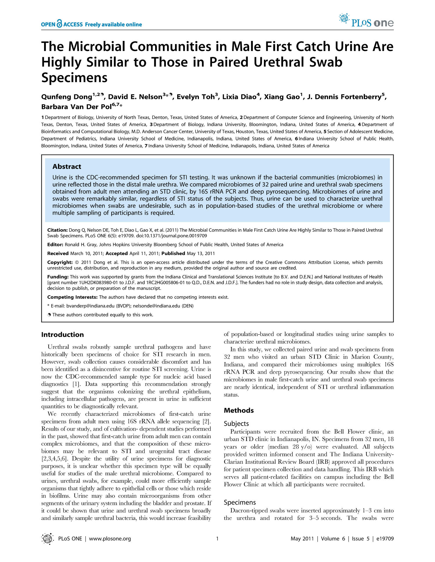 The Microbial Communities in Male First Catch Urine Are Highly Similar