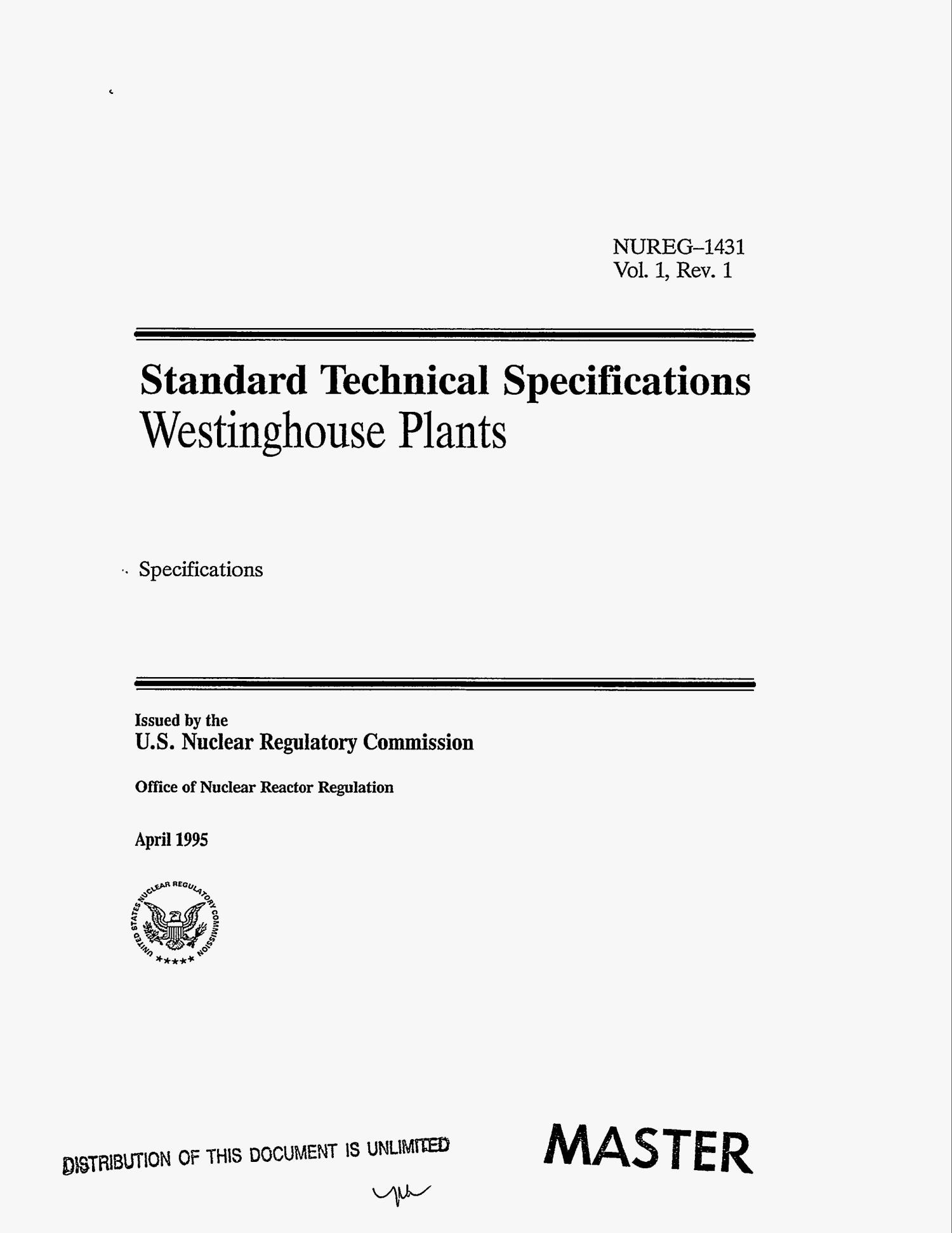 Standard technical specifications, Westinghouse Plants Specifications