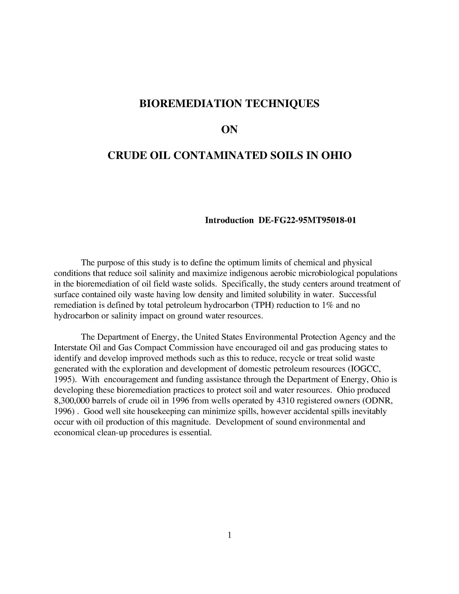BIOREMEDIATION TECHNIQUES ON CRUDE OIL CONTAMINATED SOILS IN OHIO