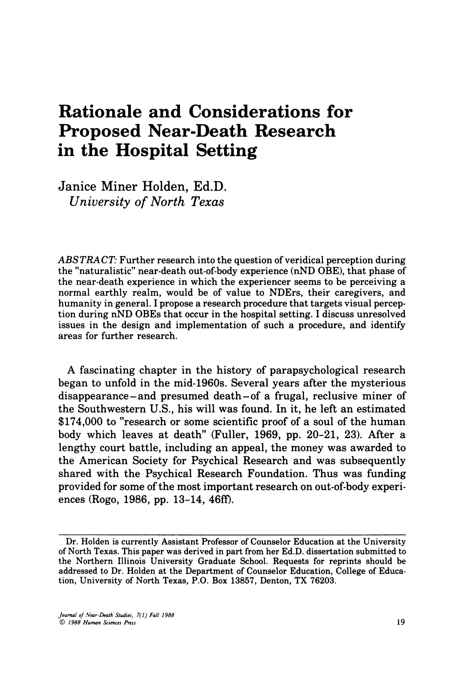 Rationale and Considerations for Proposed NearDeath Research in the