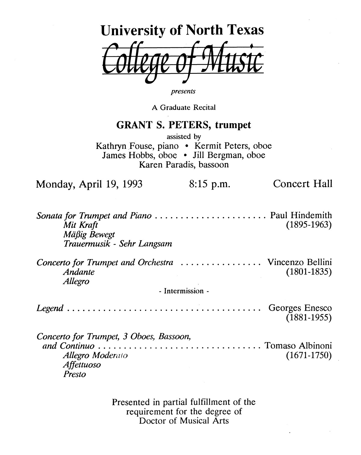 College of Music program book 19921993 Student Performances Vol. 2