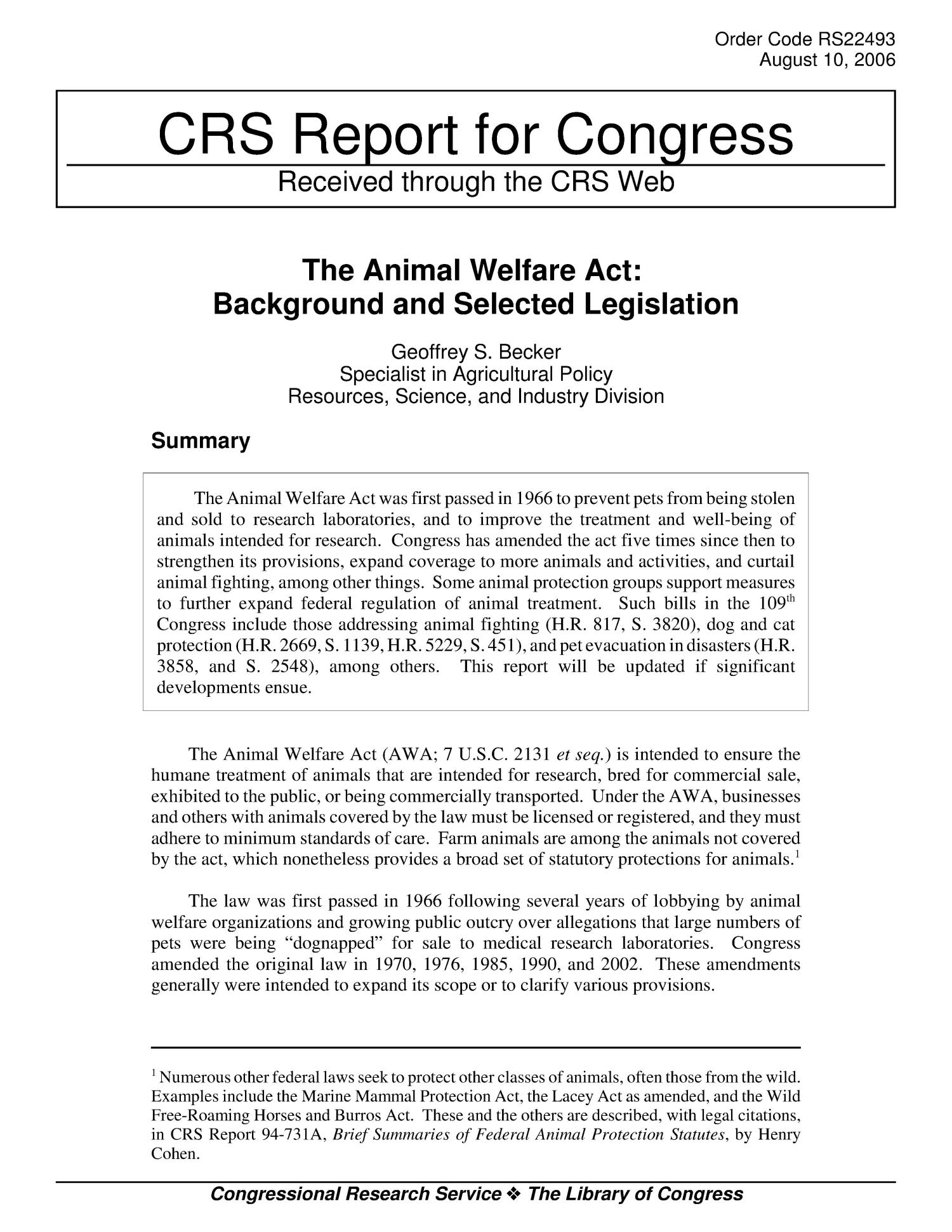 The Animal Welfare Act Background and Selected Legislation UNT