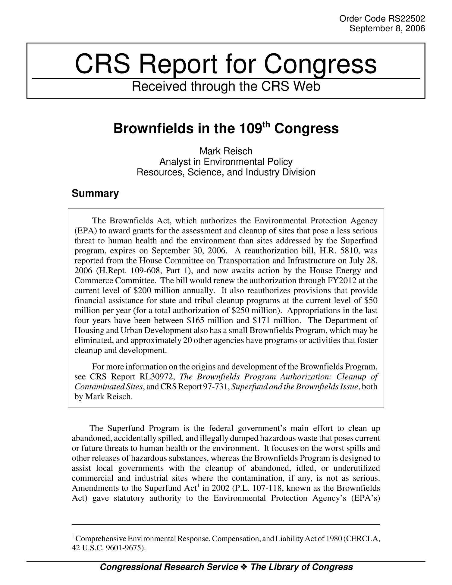 Brownfields in the 109th Congress UNT Digital Library