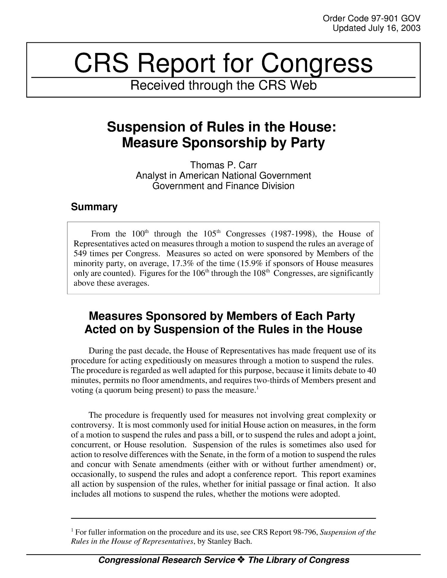 Suspension of Rules in the House Measure Sponsorship by Party UNT Digital Library
