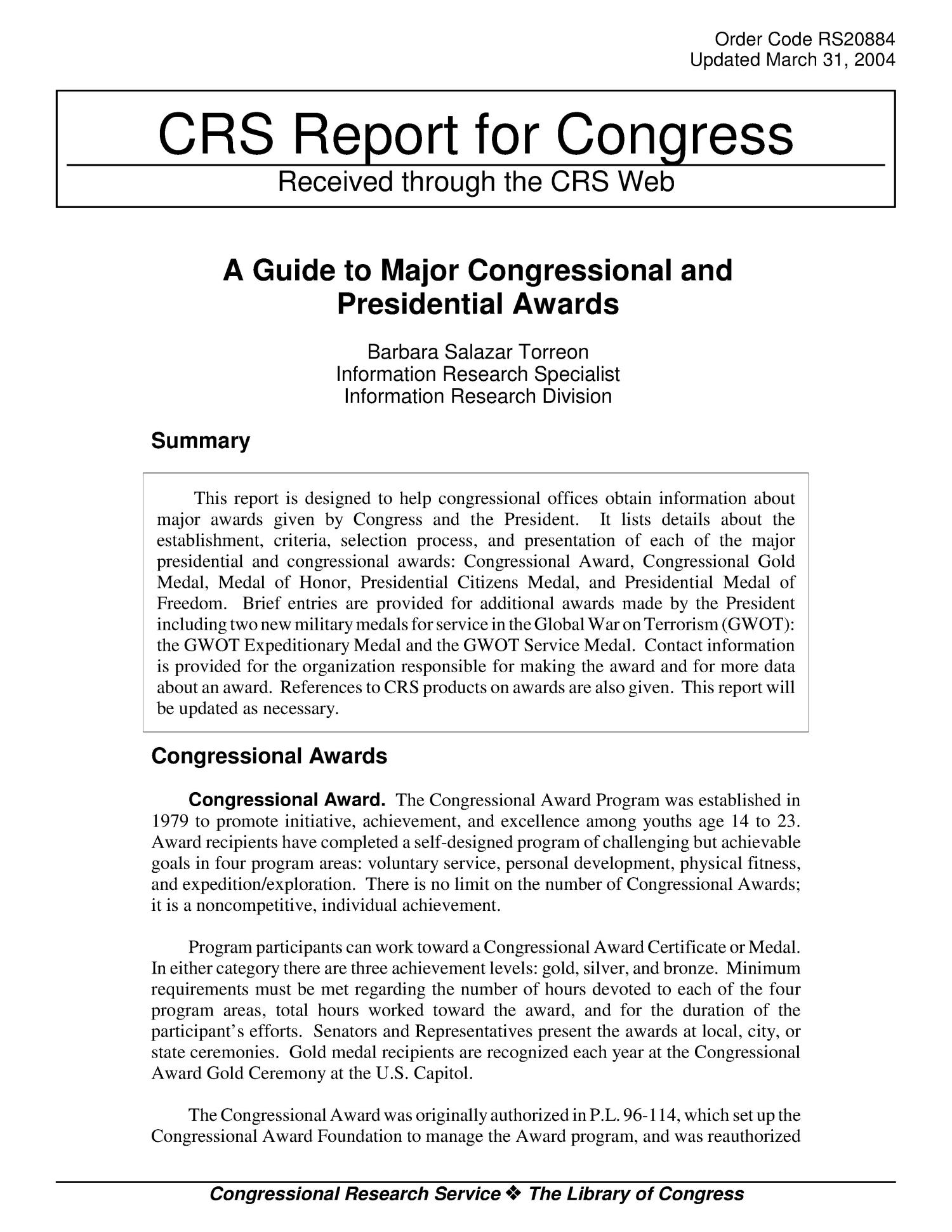 A Guide to Major Congressional and Presidential Awards UNT Digital