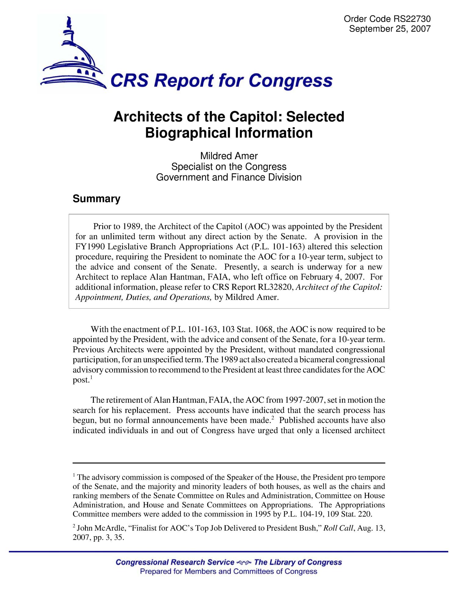 Architects of the Capitol Selected Biographical Information UNT