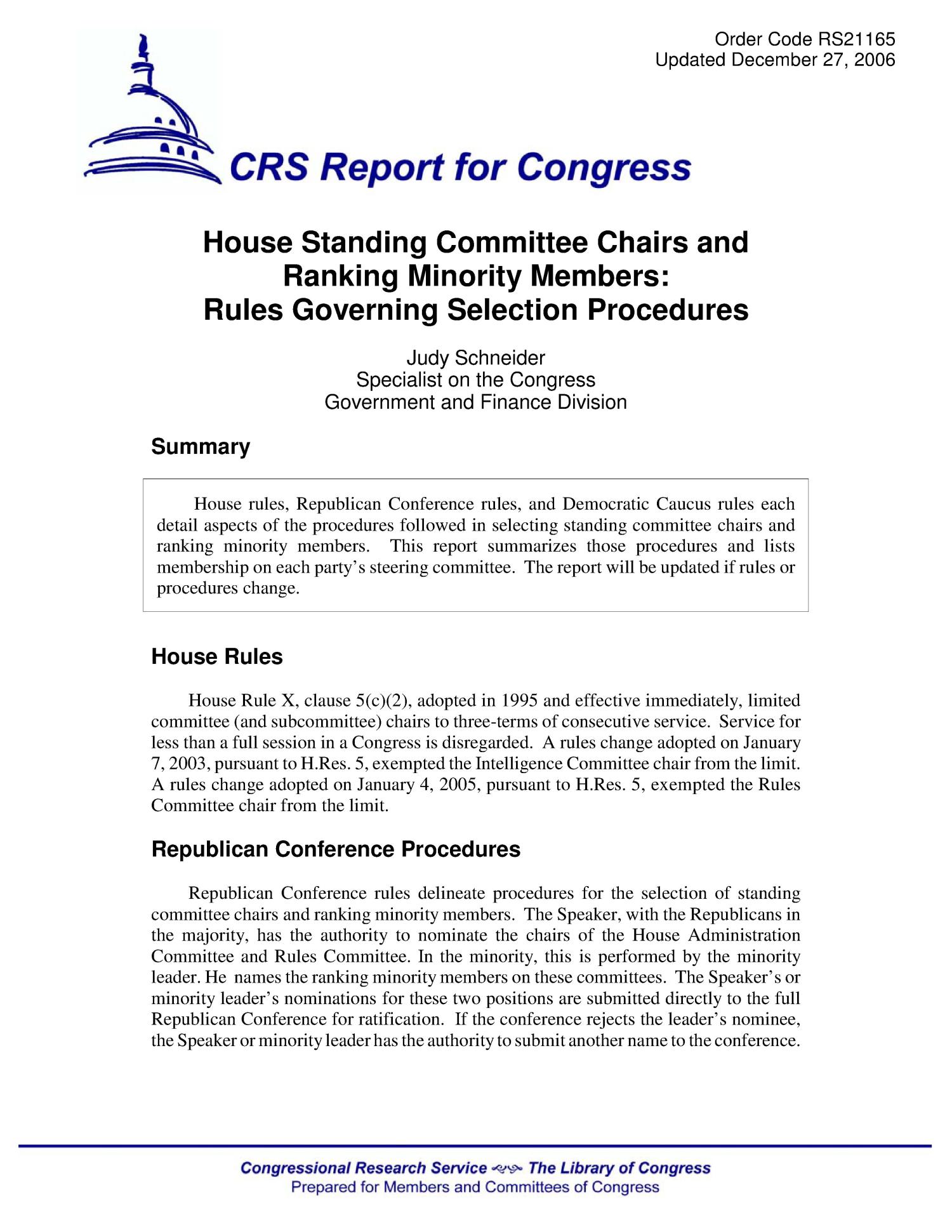 House Standing Committee Chairs and Ranking Minority Members Rules