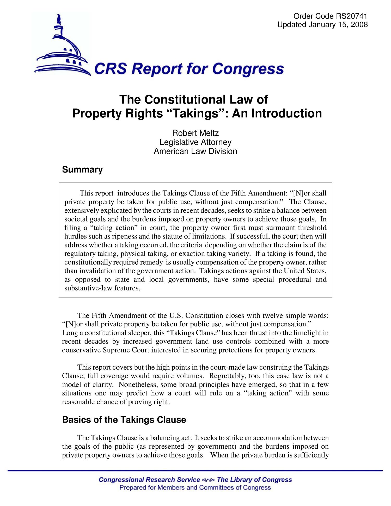 The Constitutional Law of Property Rights ”Takings” An Introduction