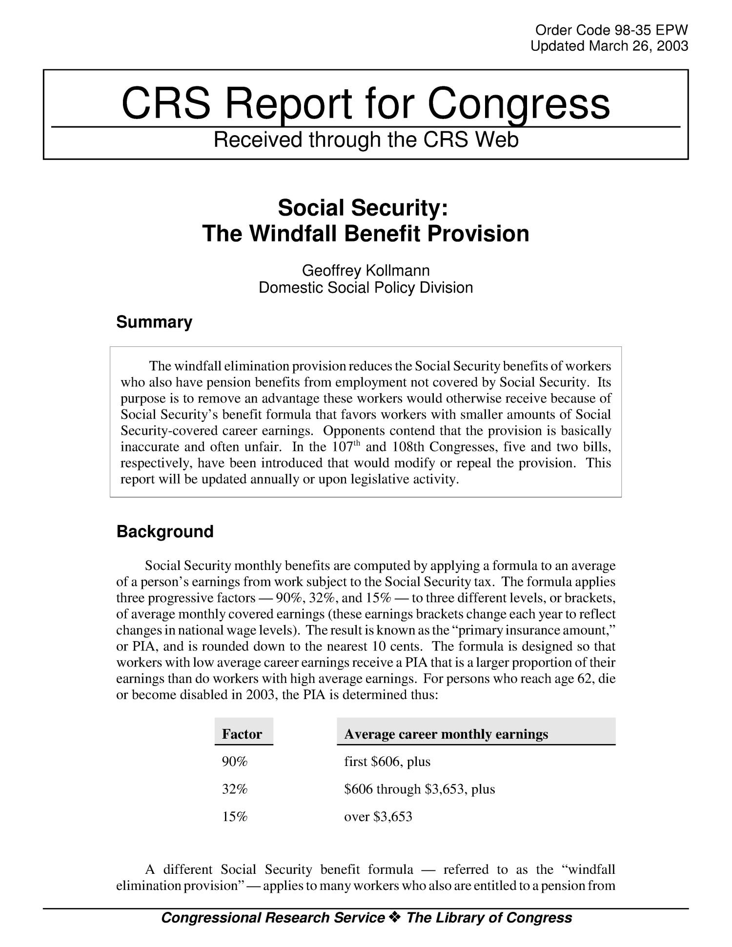 Social Security The Windfall Benefit Provision UNT Digital Library