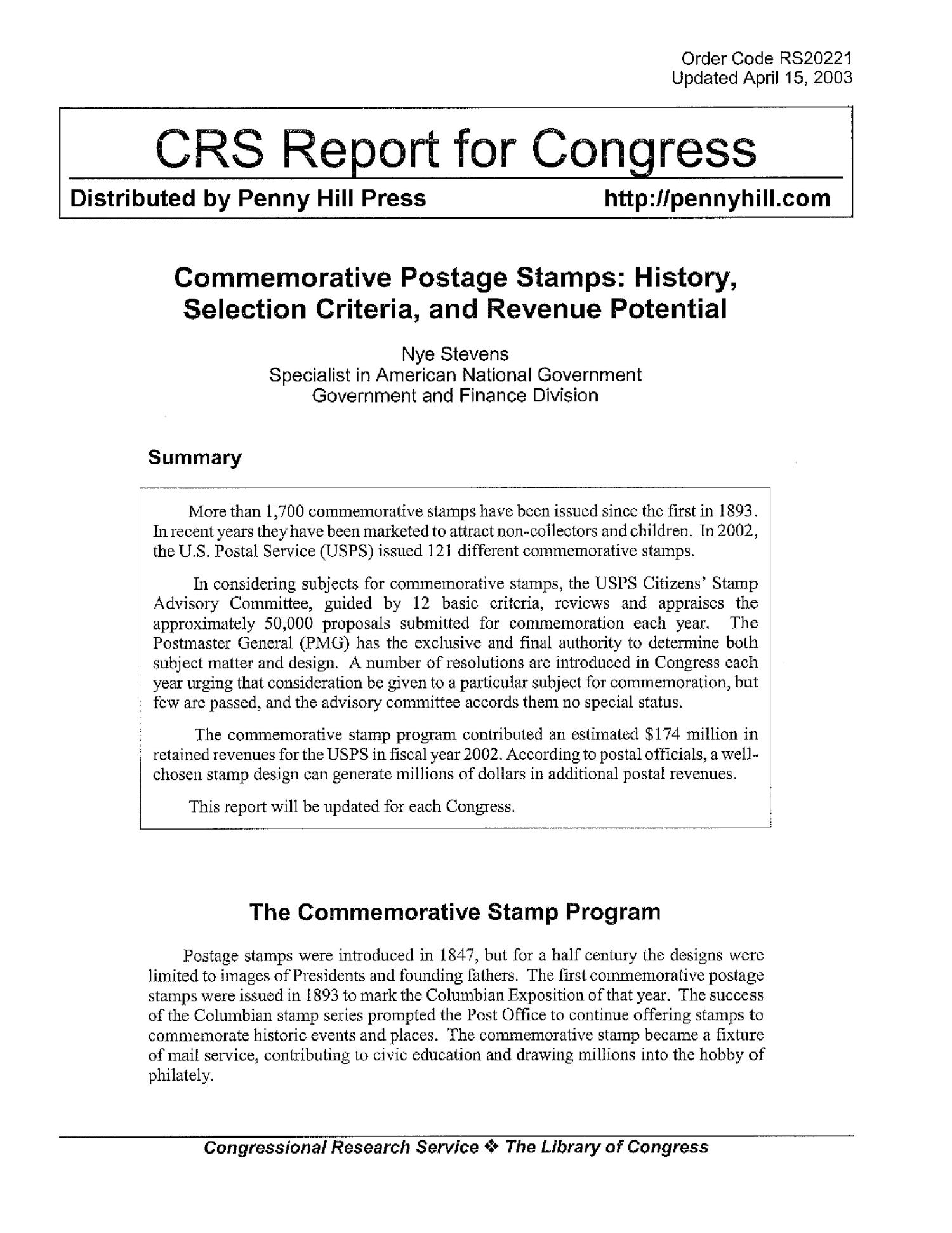 Commemorative Postage Stamps History, Selection Criteria, and Revenue