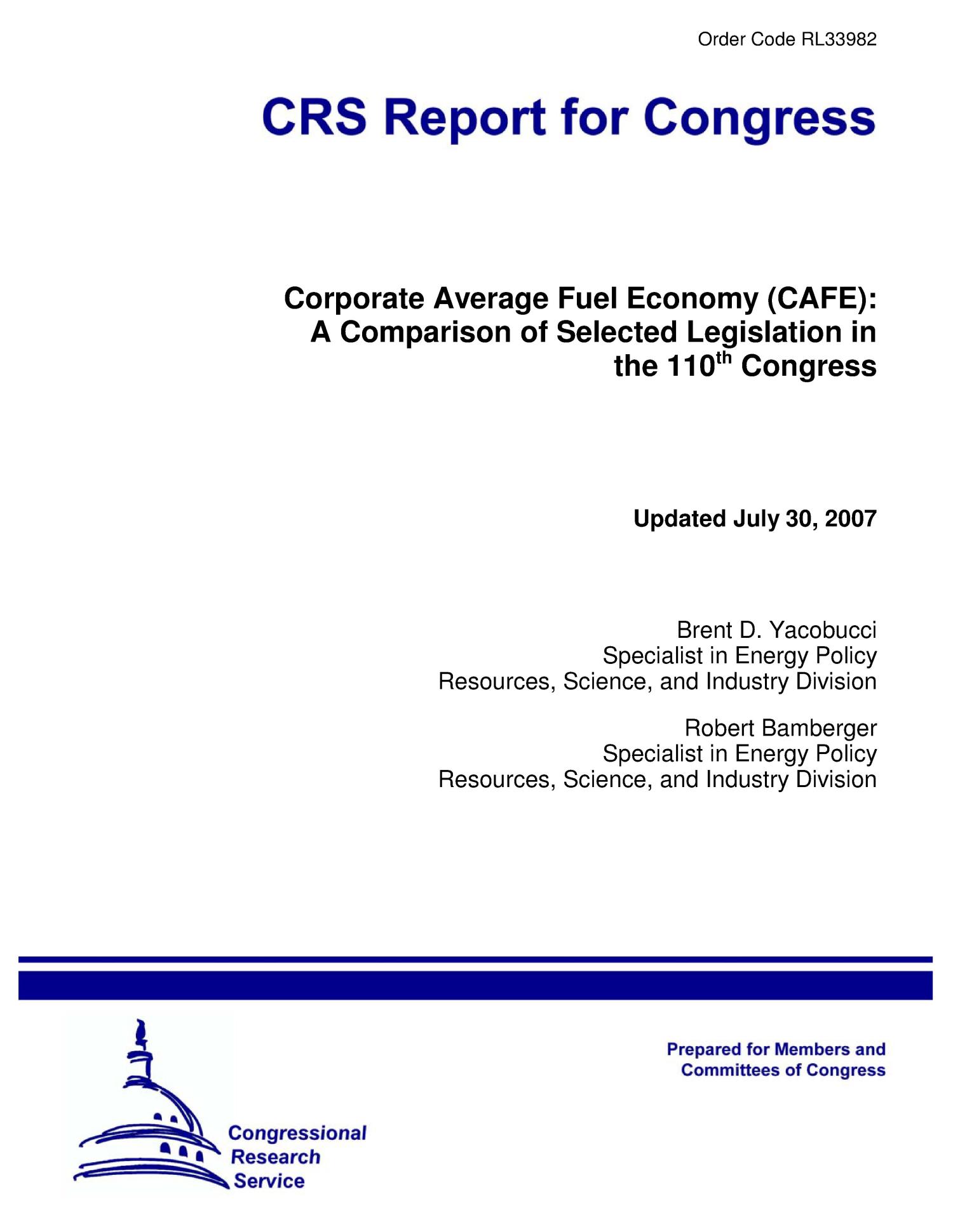 Corporate Average Fuel Economy (CAFE) A Comparison of Selected