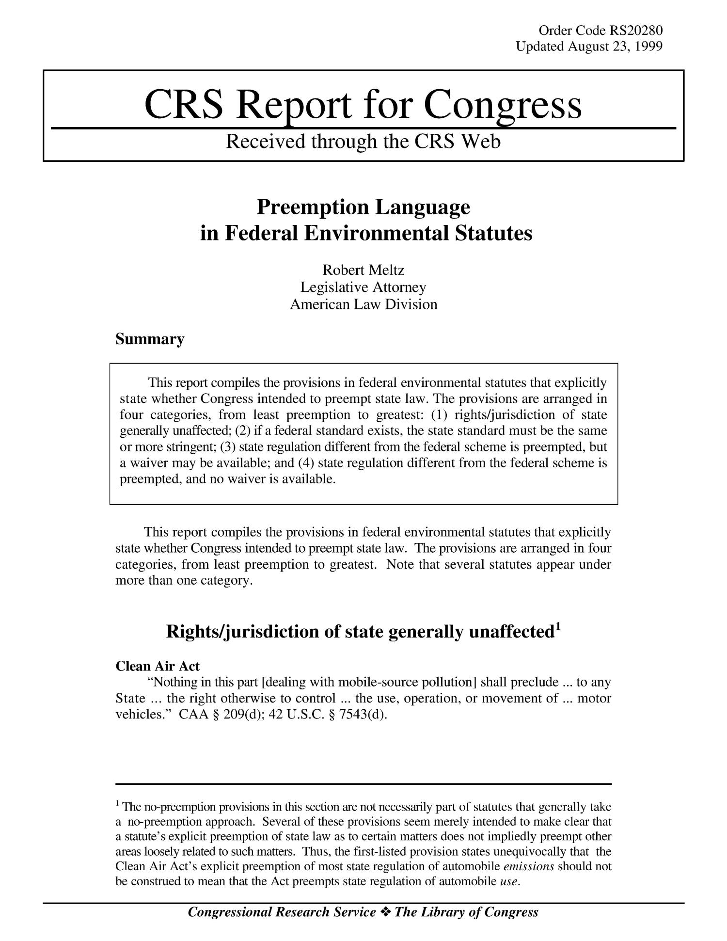 PREEMPTION LANGUAGE IN FEDERAL ENVIRONMENTAL STATUTES UNT Digital Library