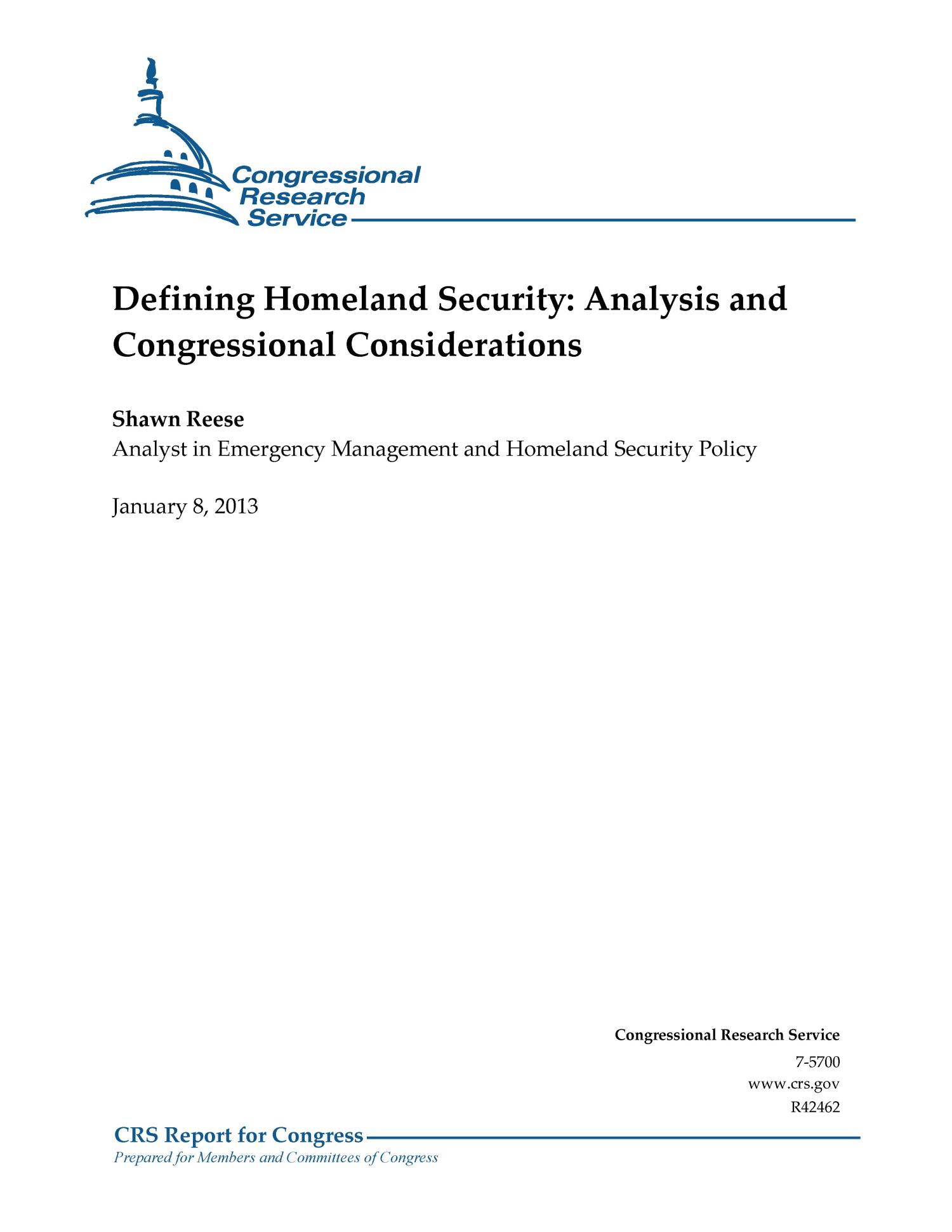 Defining Homeland Security Analysis and Congressional Considerations