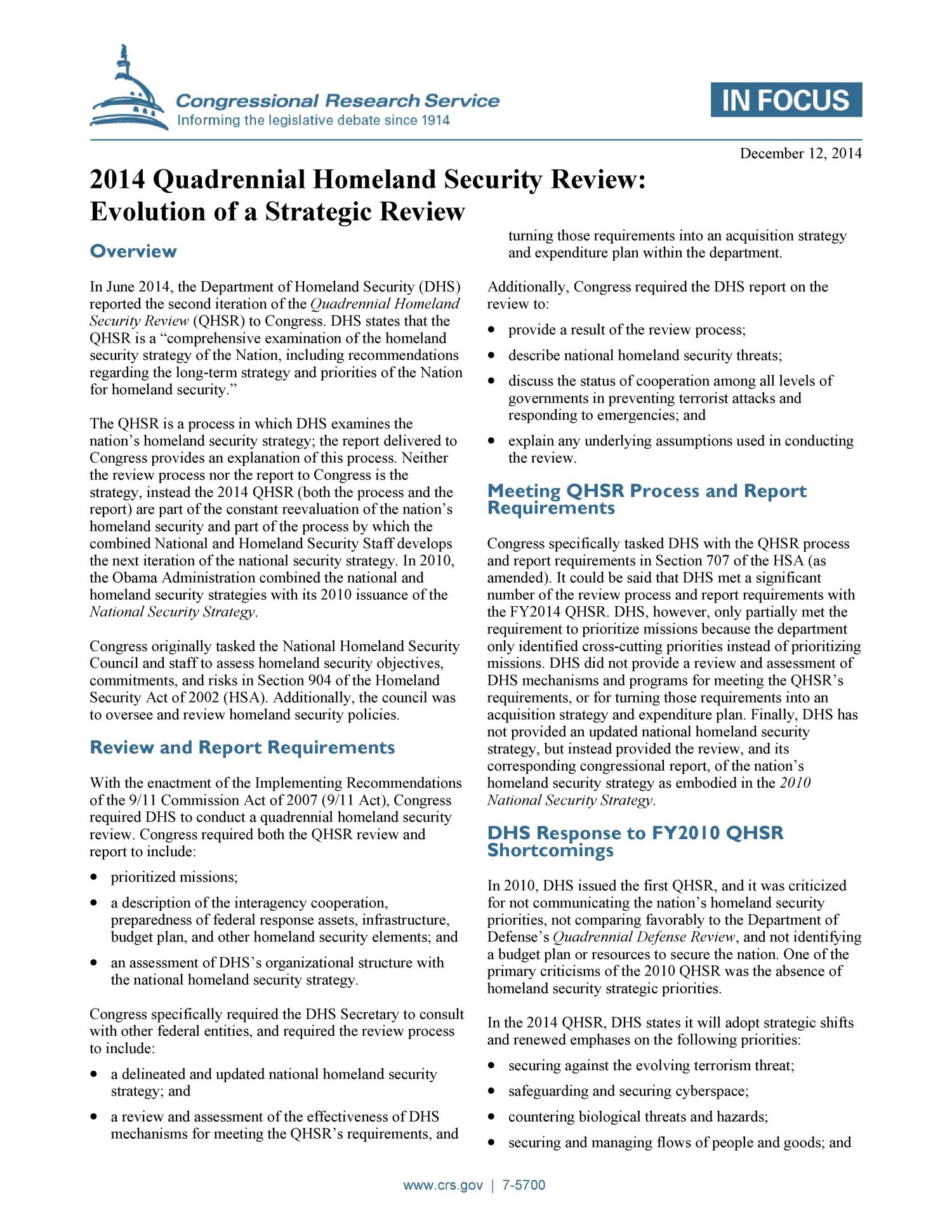 2014 Quadrennial Homeland Security Review Evolution of a Strategic