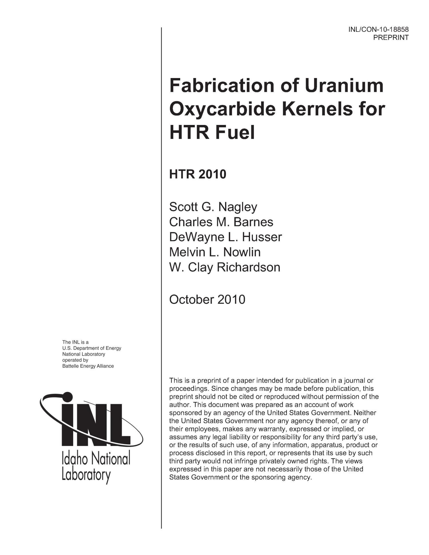 Fabrication of Uranium Oxycarbide Kernels for HTR Fuel UNT Digital