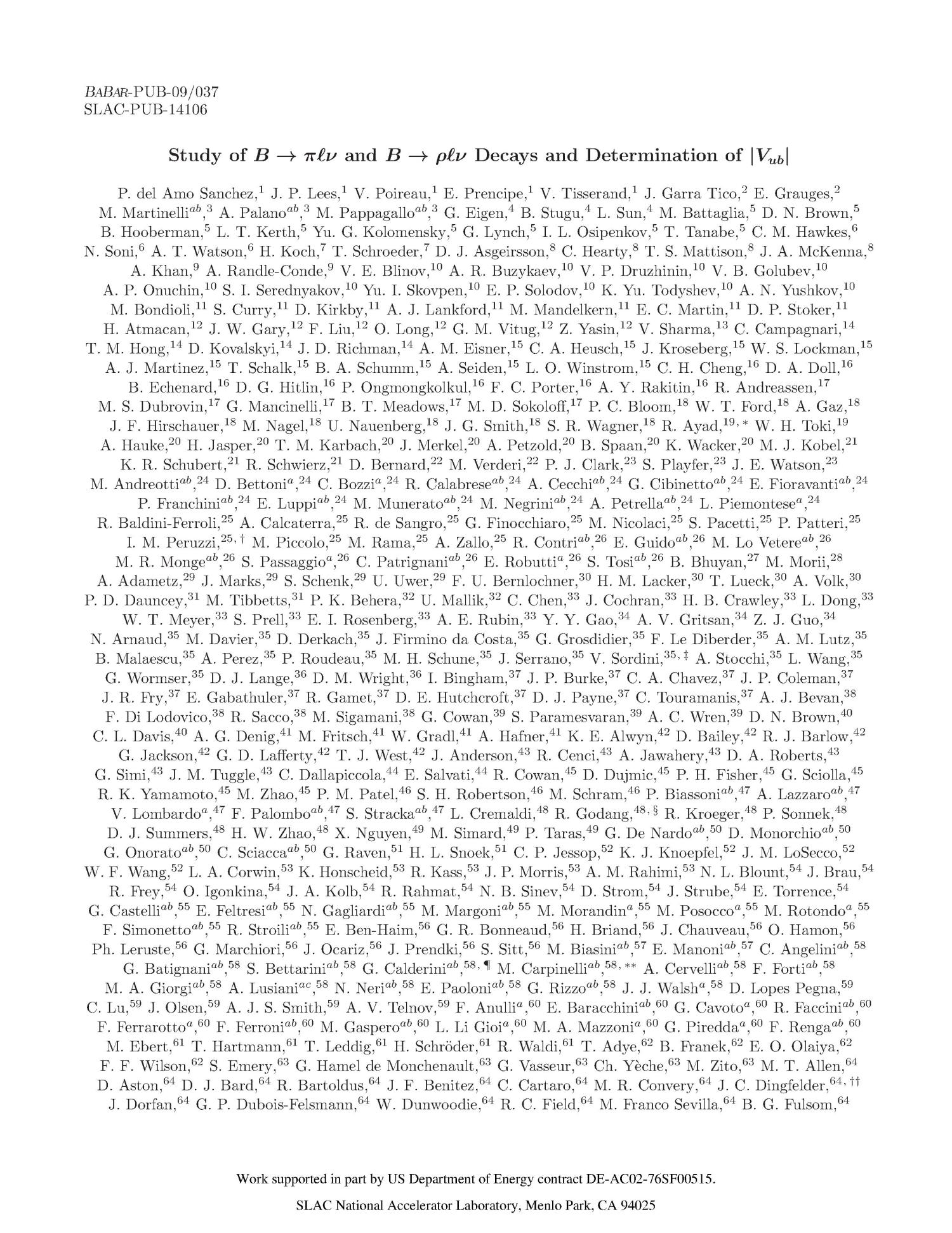 Study of B to pi l nu and B to rho l nu Decays and Determination of V
