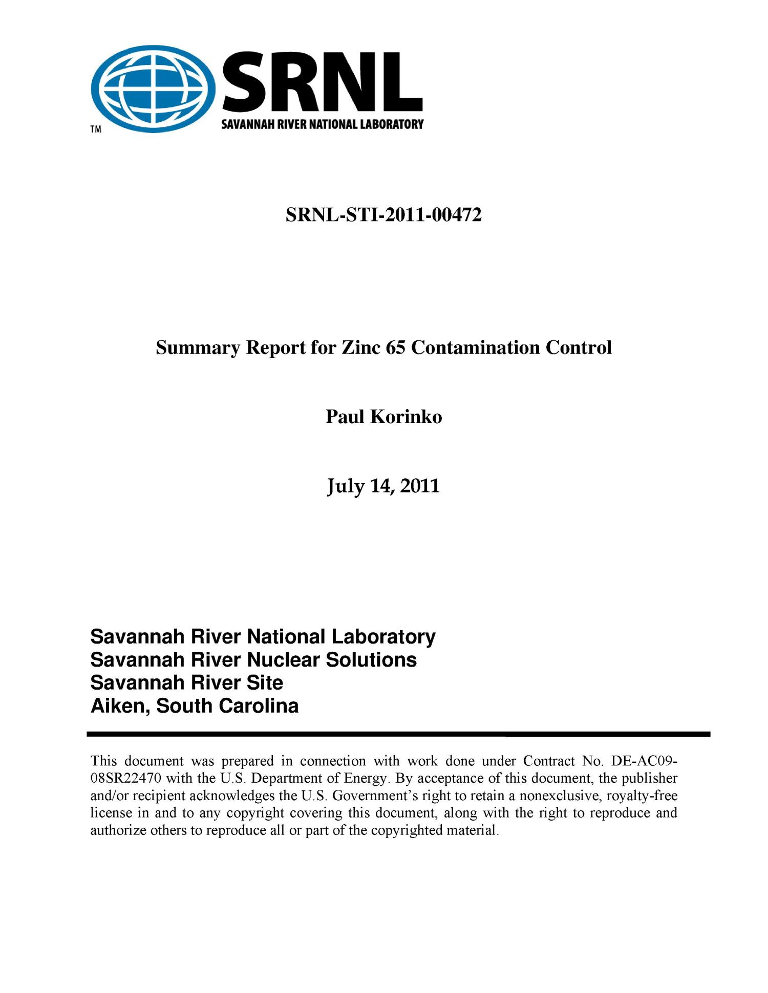 SUMMARY REPORT FOR ZINC 65 CONTAMINATION CONTROL UNT Digital Library