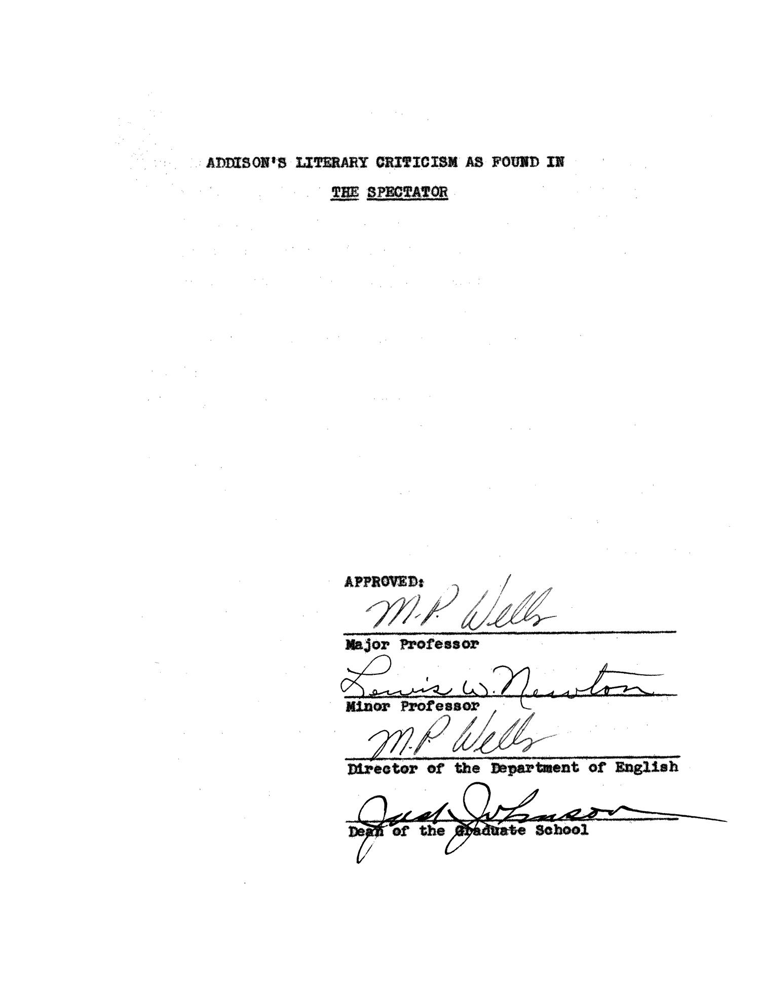 Addison's Literary Criticism as Found in The Spectator UNT Digital