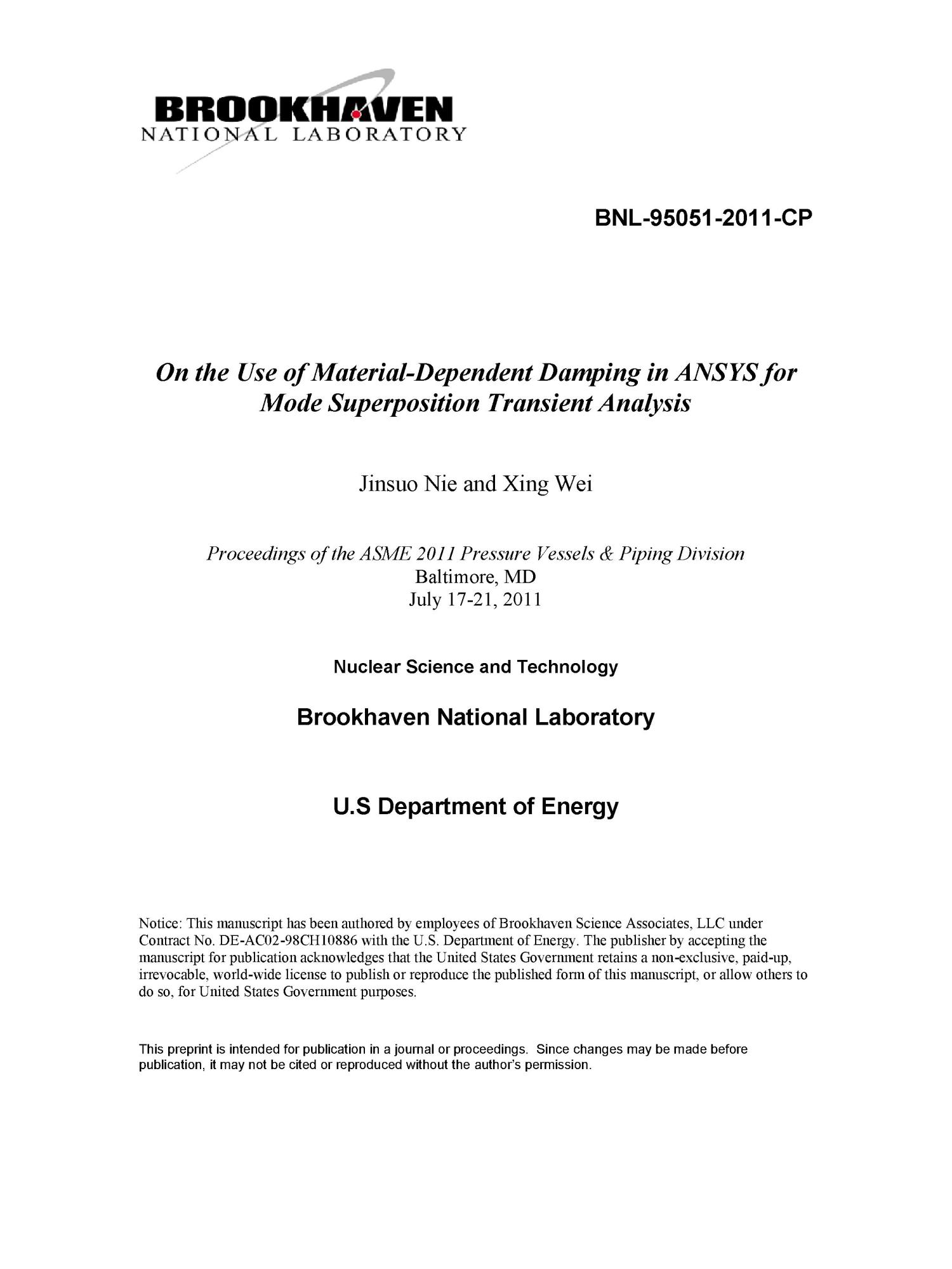 On the Use of MaterialDependent Damping in ANSYS for Mode