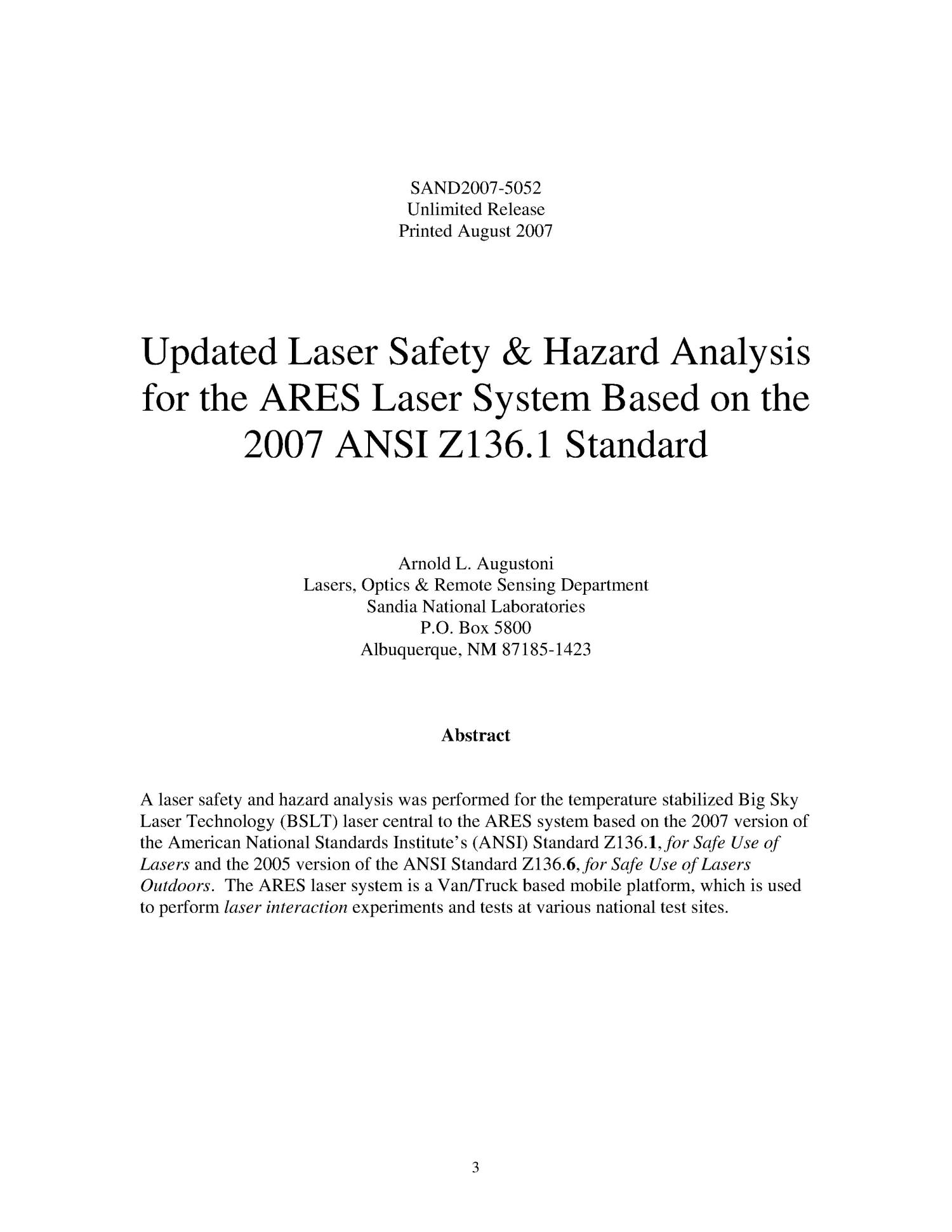 Updated laser safety&hazard analysis for the ARES laser system based on