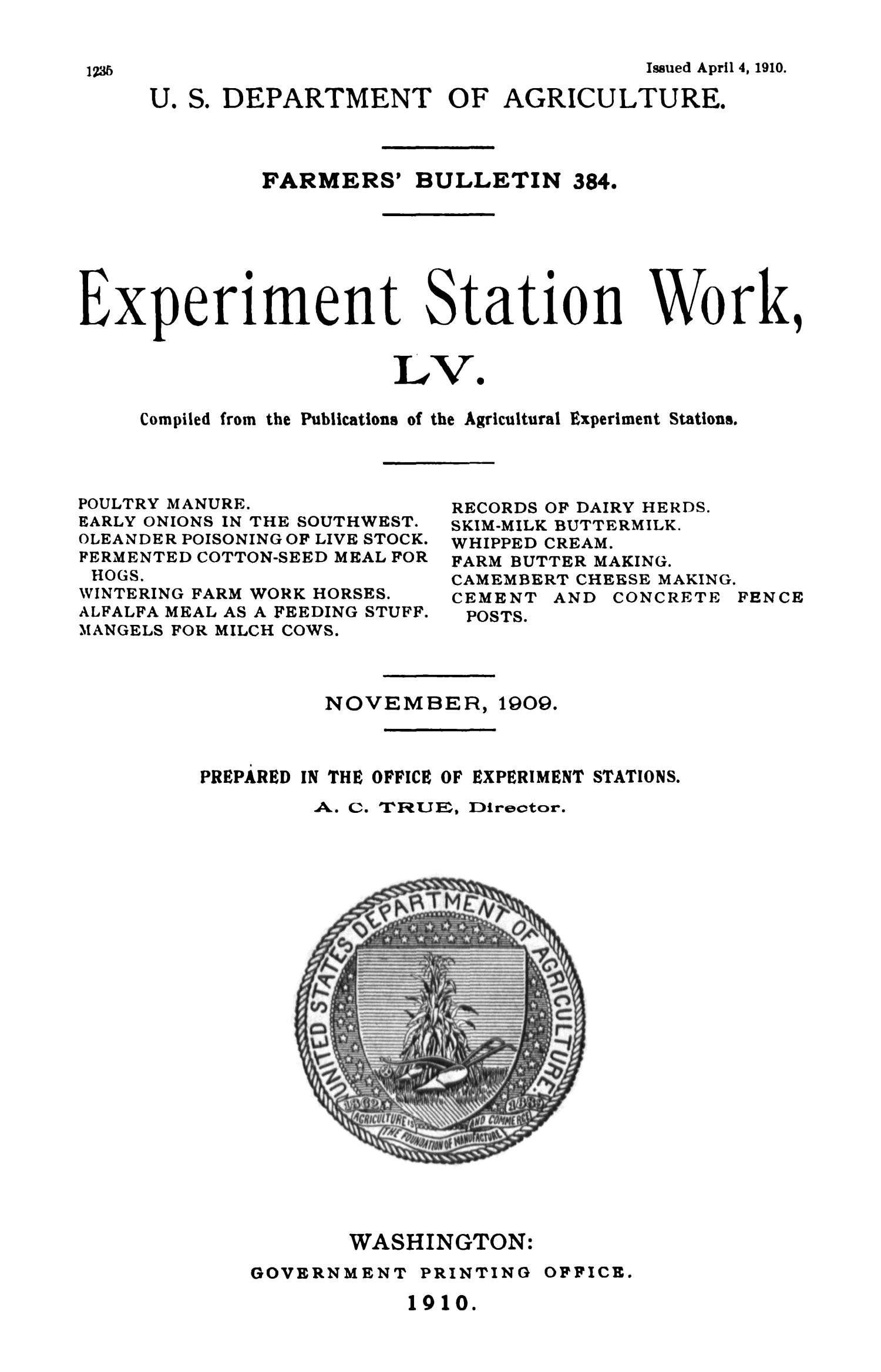 Experiment Station Work, [Volume] 55 UNT Digital Library